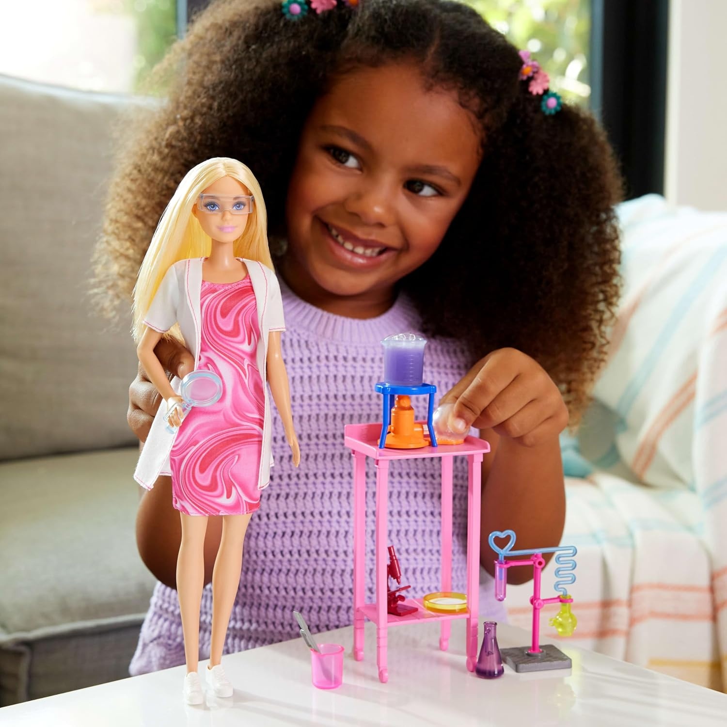 imageBarbie Scientist Doll and Accessories with Blonde Fashion Doll Lab Table Microscope amp ColorChange Beaker amp Petri Dish Accessories
