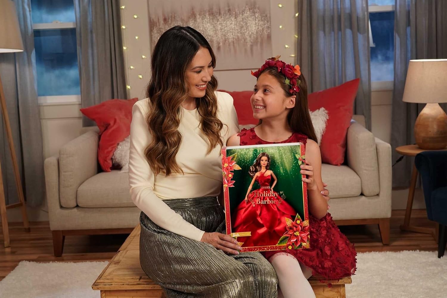 imageBarbie Signature 2022 Holiday Doll LightBrown Wavy Hair Wearing Red PoinsettiaInspired Gown Collectible with Doll Stand amp Certificate of Authenticity