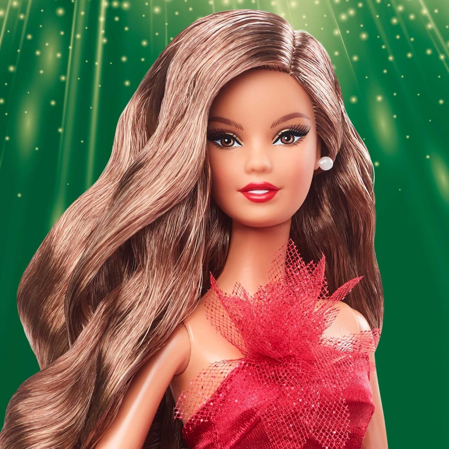 imageBarbie Signature 2022 Holiday Doll LightBrown Wavy Hair Wearing Red PoinsettiaInspired Gown Collectible with Doll Stand amp Certificate of Authenticity