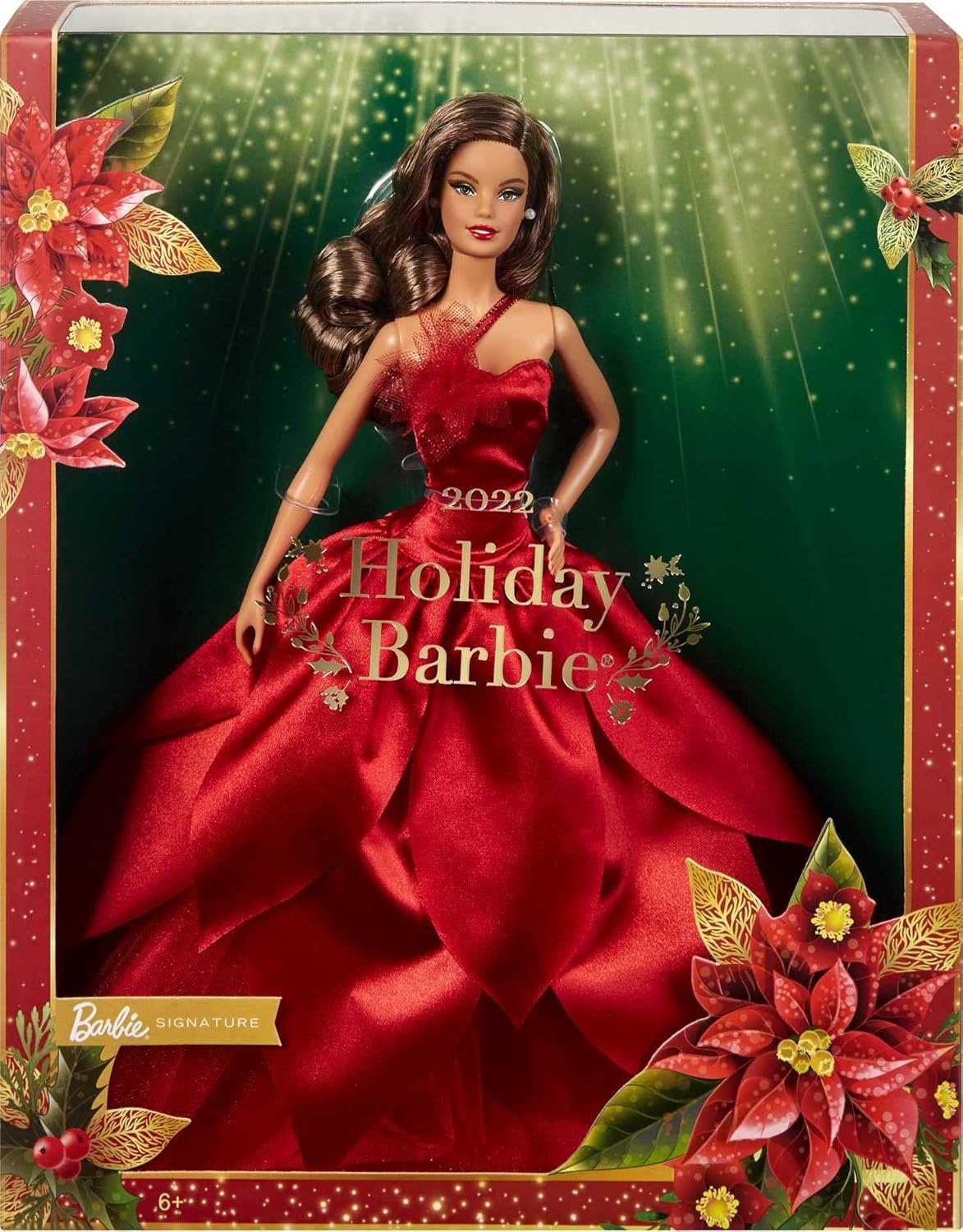 imageBarbie Signature 2022 Holiday Doll LightBrown Wavy Hair Wearing Red PoinsettiaInspired Gown Collectible with Doll Stand amp Certificate of Authenticity
