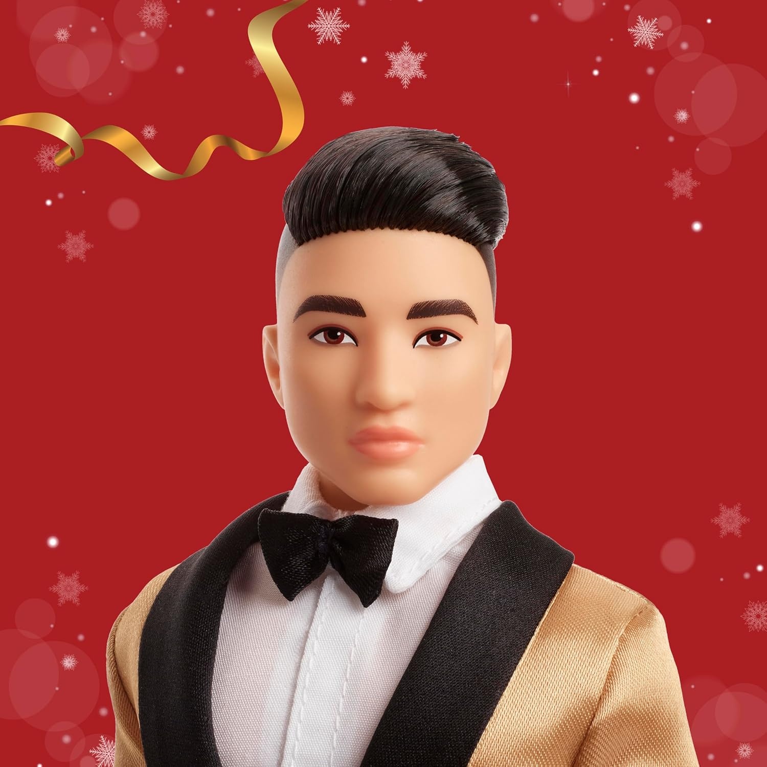 imageBarbie Signature 2025 Holiday Black Hair Ken Collectible Fashion Doll Wearing Full Suit with Golden Jacket in Displayable Packaging amp Doll Stand