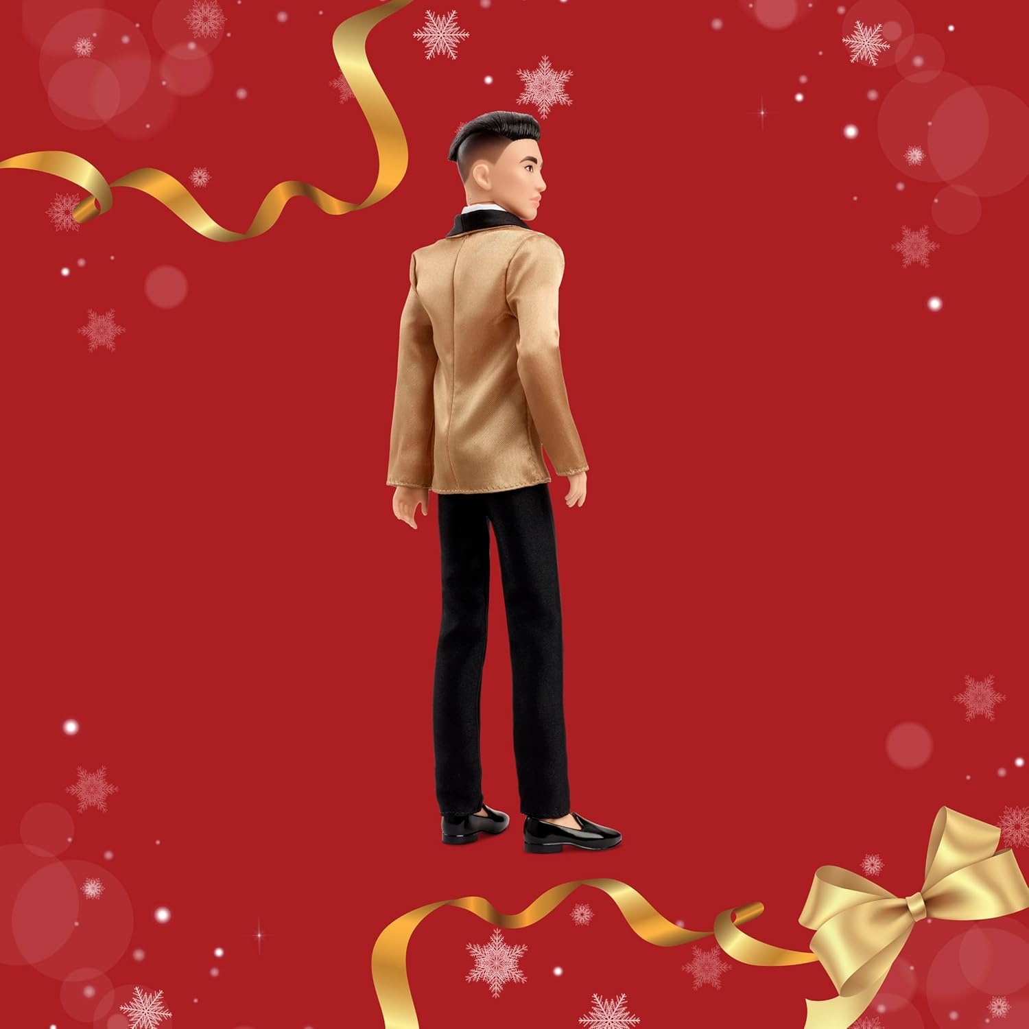 imageBarbie Signature 2025 Holiday Black Hair Ken Collectible Fashion Doll Wearing Full Suit with Golden Jacket in Displayable Packaging amp Doll Stand
