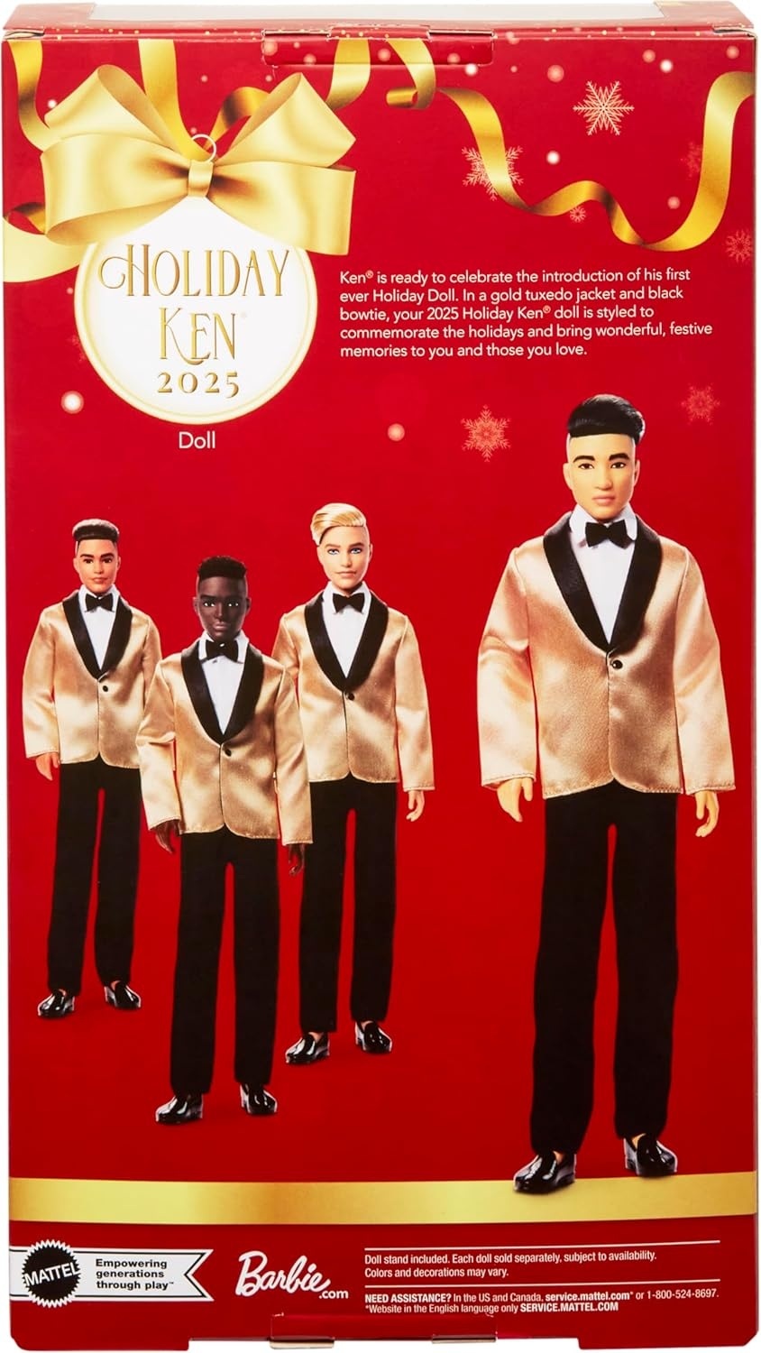 imageBarbie Signature 2025 Holiday Black Hair Ken Collectible Fashion Doll Wearing Full Suit with Golden Jacket in Displayable Packaging amp Doll Stand