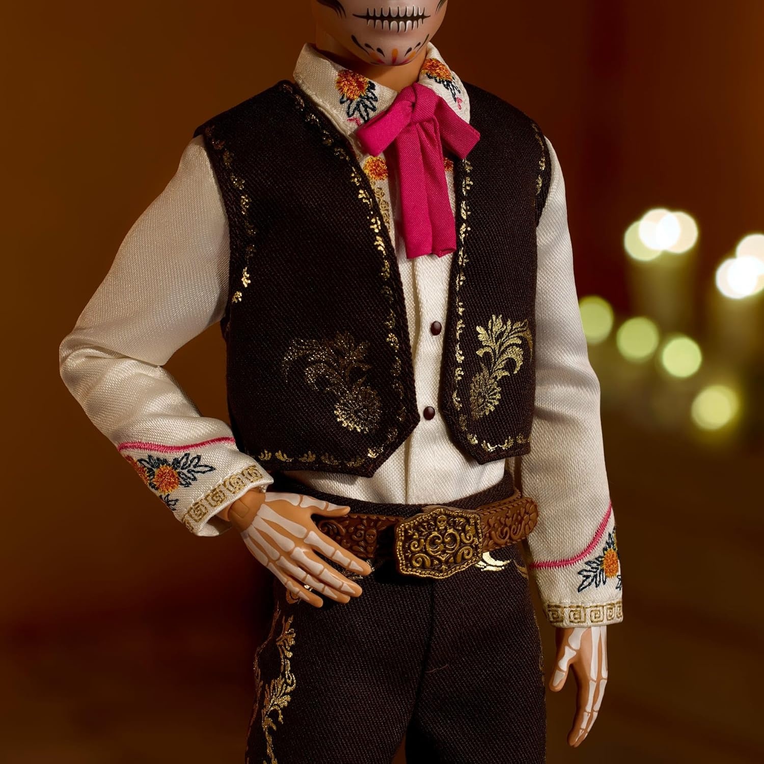 imageBarbie Signature Ken Doll Da De Muertos 2025 Collectible with Cream Shirt Black Vest and Trousers Sombrero and Calavera Face PaintKen