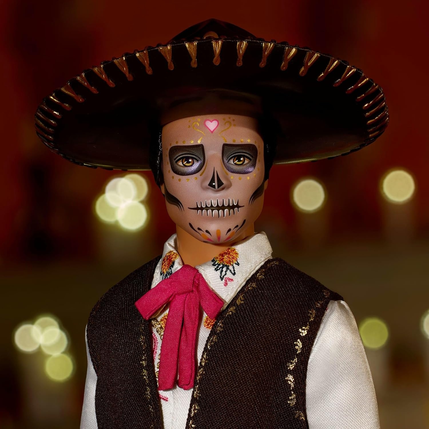 imageBarbie Signature Ken Doll Da De Muertos 2025 Collectible with Cream Shirt Black Vest and Trousers Sombrero and Calavera Face PaintKen