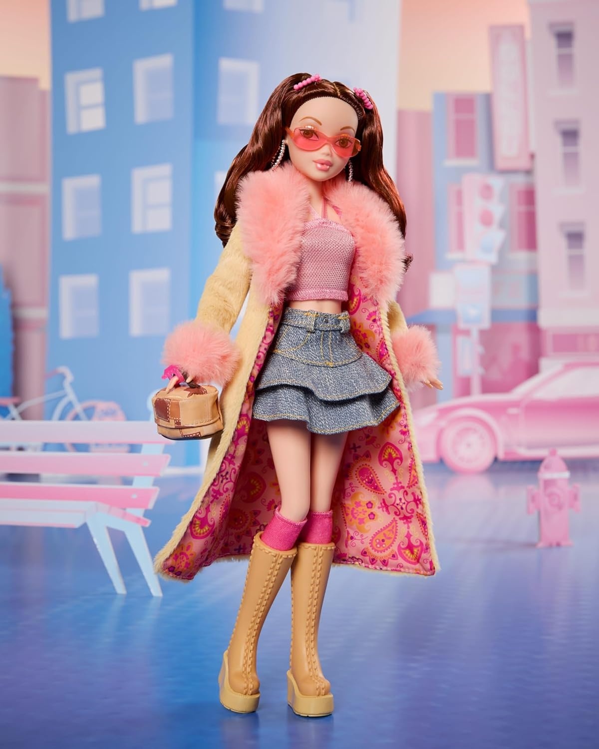 imageBarbie Signature My Scene Doll amp Accessories Chelsea in Y2KInspired Outfit with Butterfly Top Cargo Jeans Denim Bag amp Display Stand