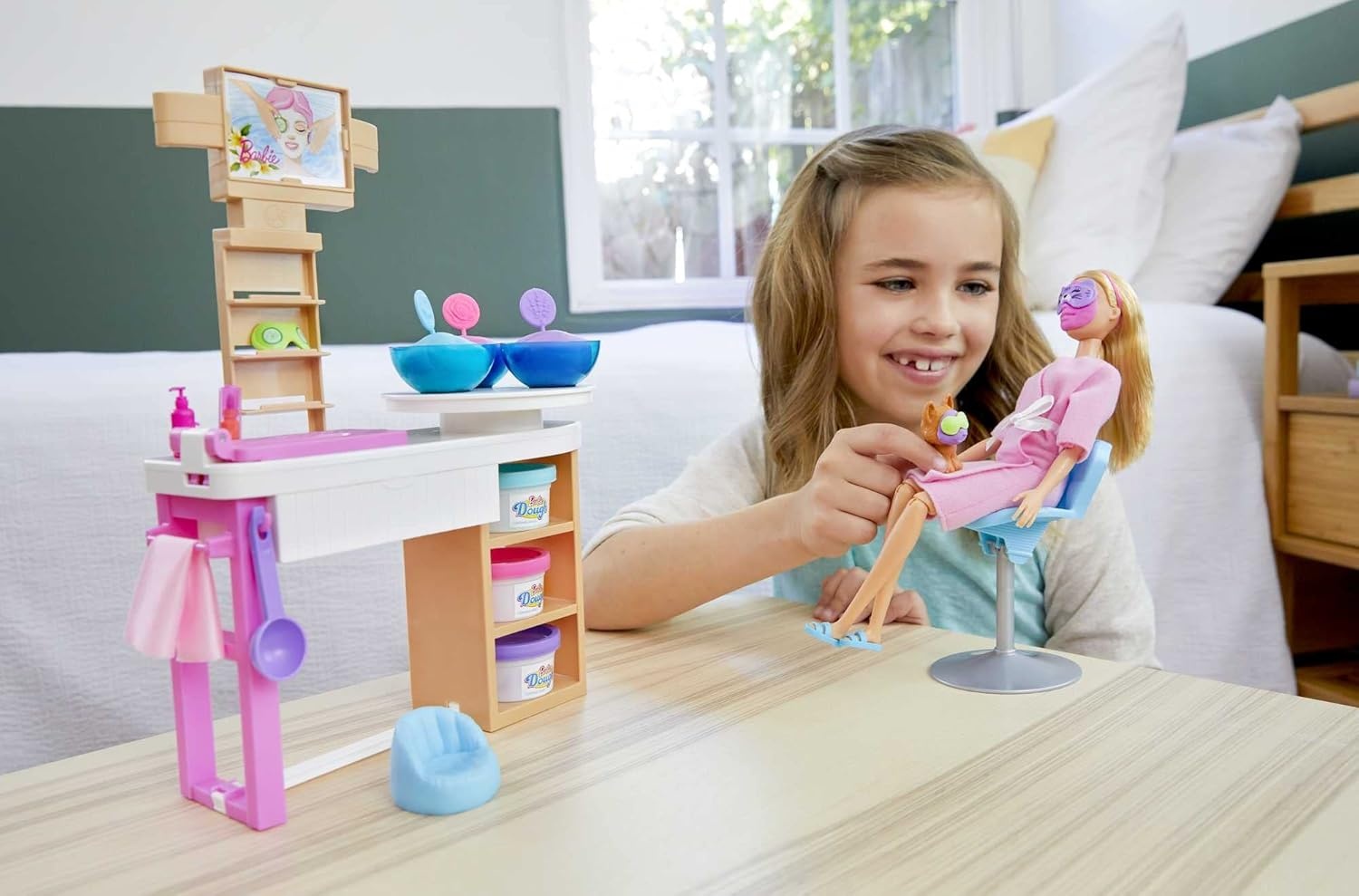 imageBarbie Spa Day Toy Playset with Blonde Doll amp 10 Accessories Including Puppy Spa Station Face Mask Mold amp DoughMulti