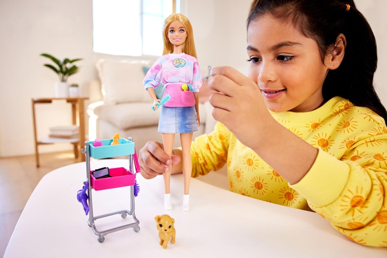 imageBarbie Stylist Doll amp 14 Accessories Blonde Barbie Malibu Fashion Doll Onset with Cart Smock Makeup Palette Pet Puppy amp MoreBlonde