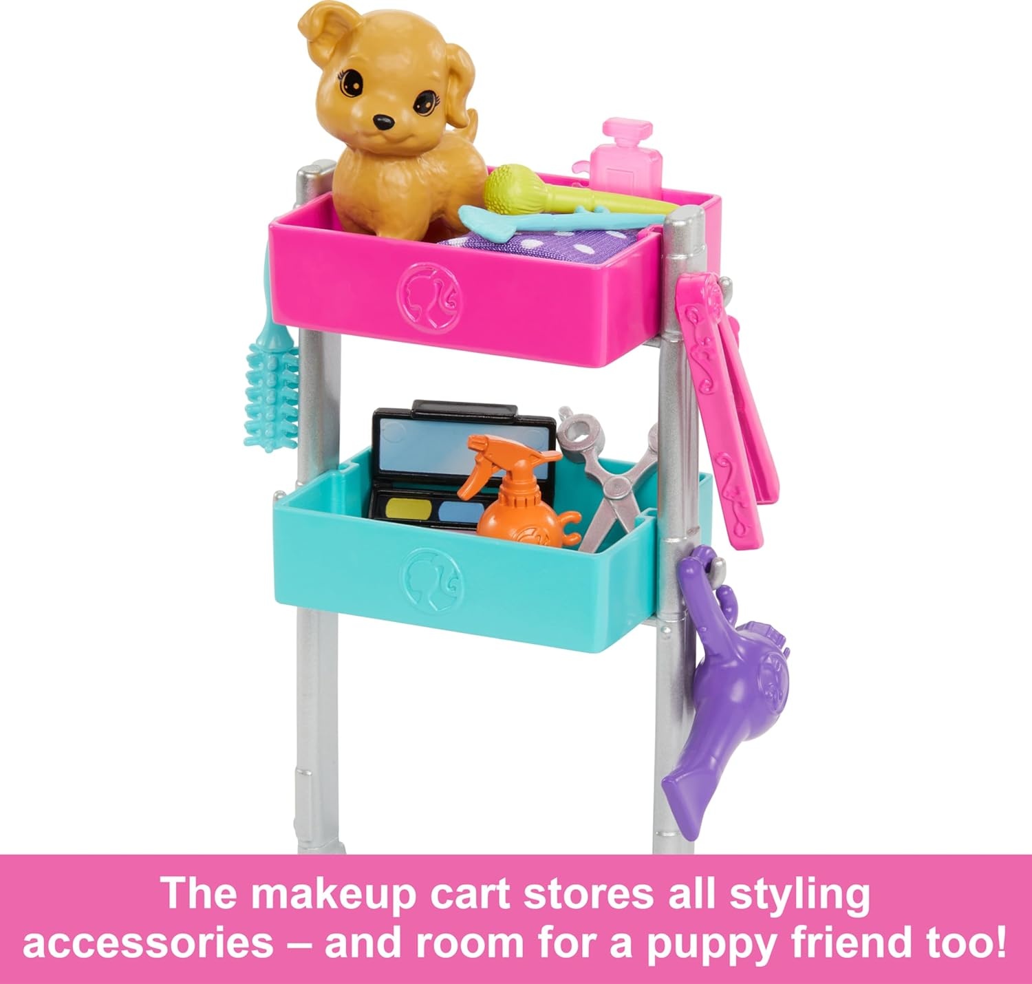 imageBarbie Stylist Doll amp 14 Accessories Blonde Barbie Malibu Fashion Doll Onset with Cart Smock Makeup Palette Pet Puppy amp MoreBlonde