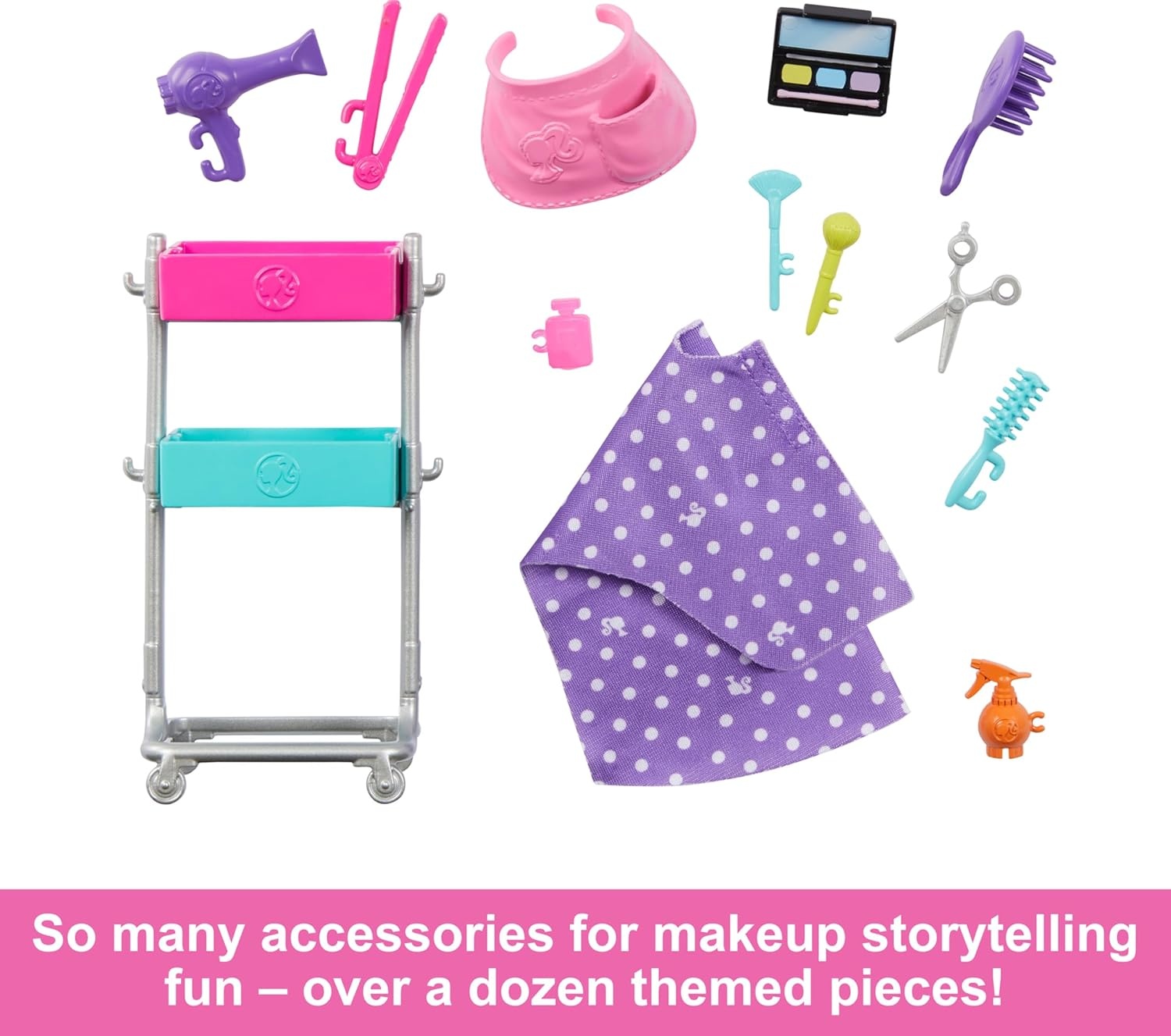 imageBarbie Stylist Doll amp 14 Accessories Blonde Barbie Malibu Fashion Doll Onset with Cart Smock Makeup Palette Pet Puppy amp MoreBlonde