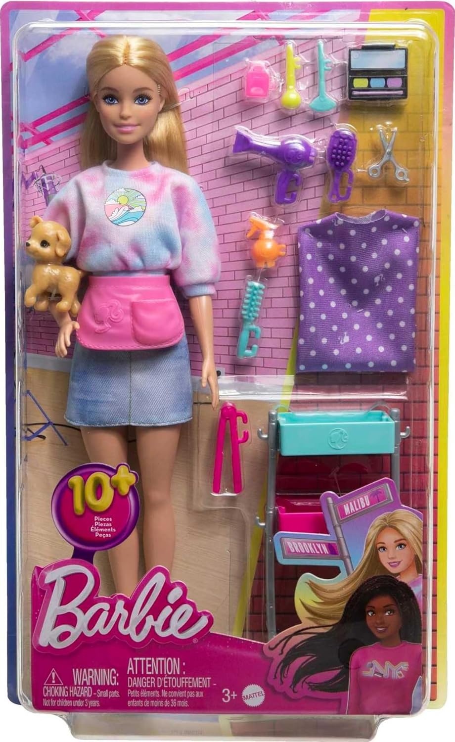 imageBarbie Stylist Doll amp 14 Accessories Blonde Barbie Malibu Fashion Doll Onset with Cart Smock Makeup Palette Pet Puppy amp MoreBlonde