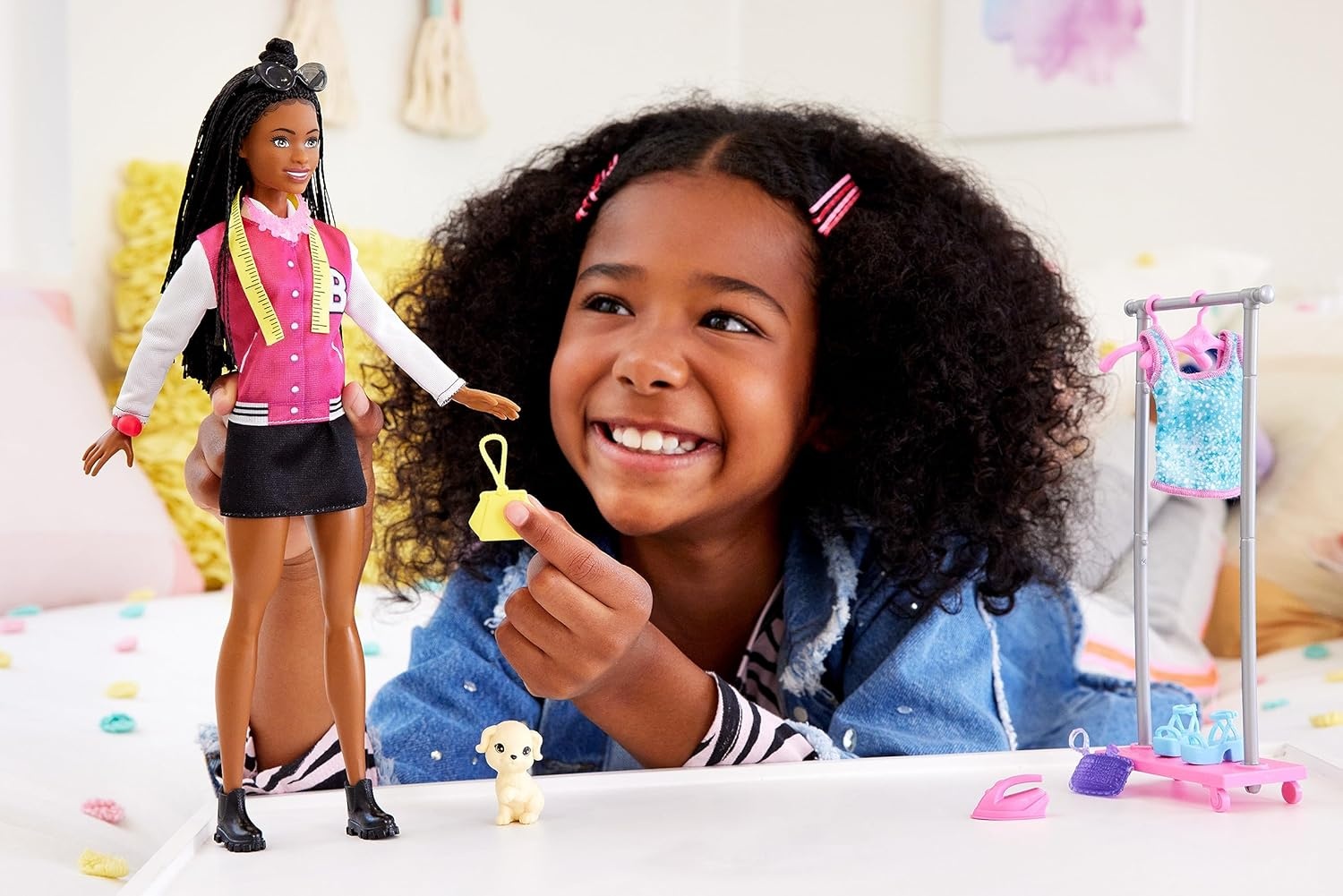 imageBarbie Stylist Doll amp 14 Accessories Blonde Barbie Malibu Fashion Doll Onset with Cart Smock Makeup Palette Pet Puppy amp MoreBrunette
