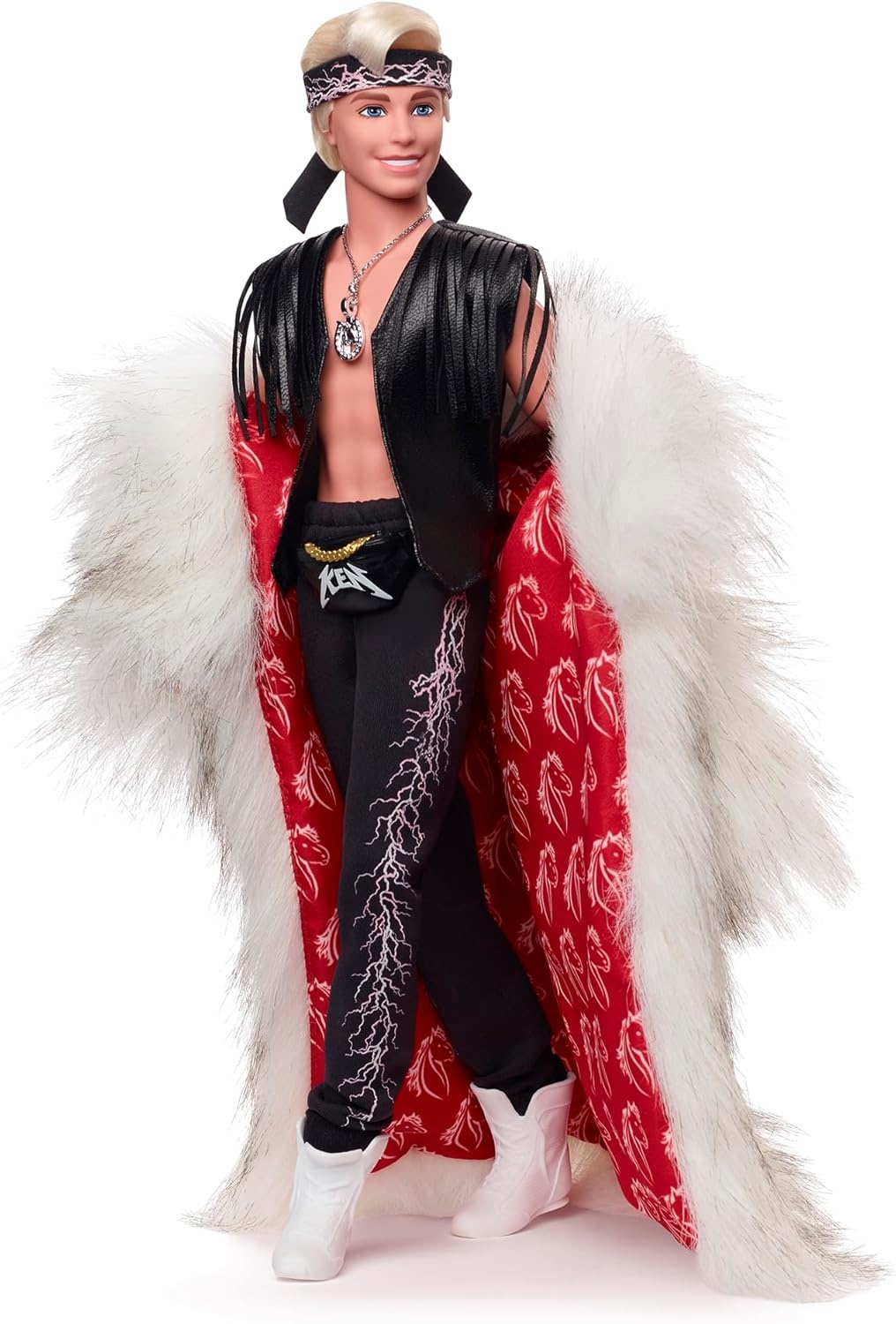 imageBarbie The Movie Collectible Ken Doll Wearing Big Faux Fur Coat and Black Fringe Vest with Bandana