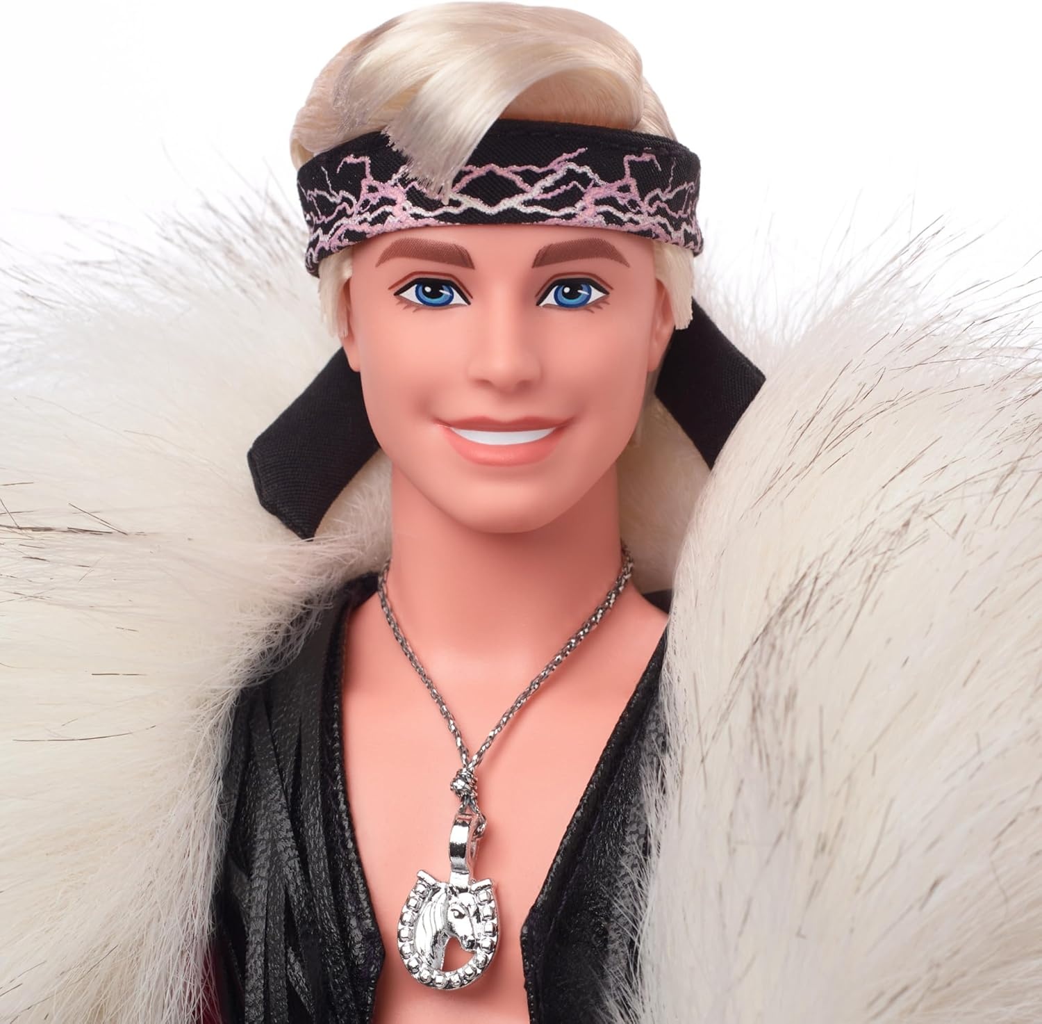 imageBarbie The Movie Collectible Ken Doll Wearing Big Faux Fur Coat and Black Fringe Vest with Bandana
