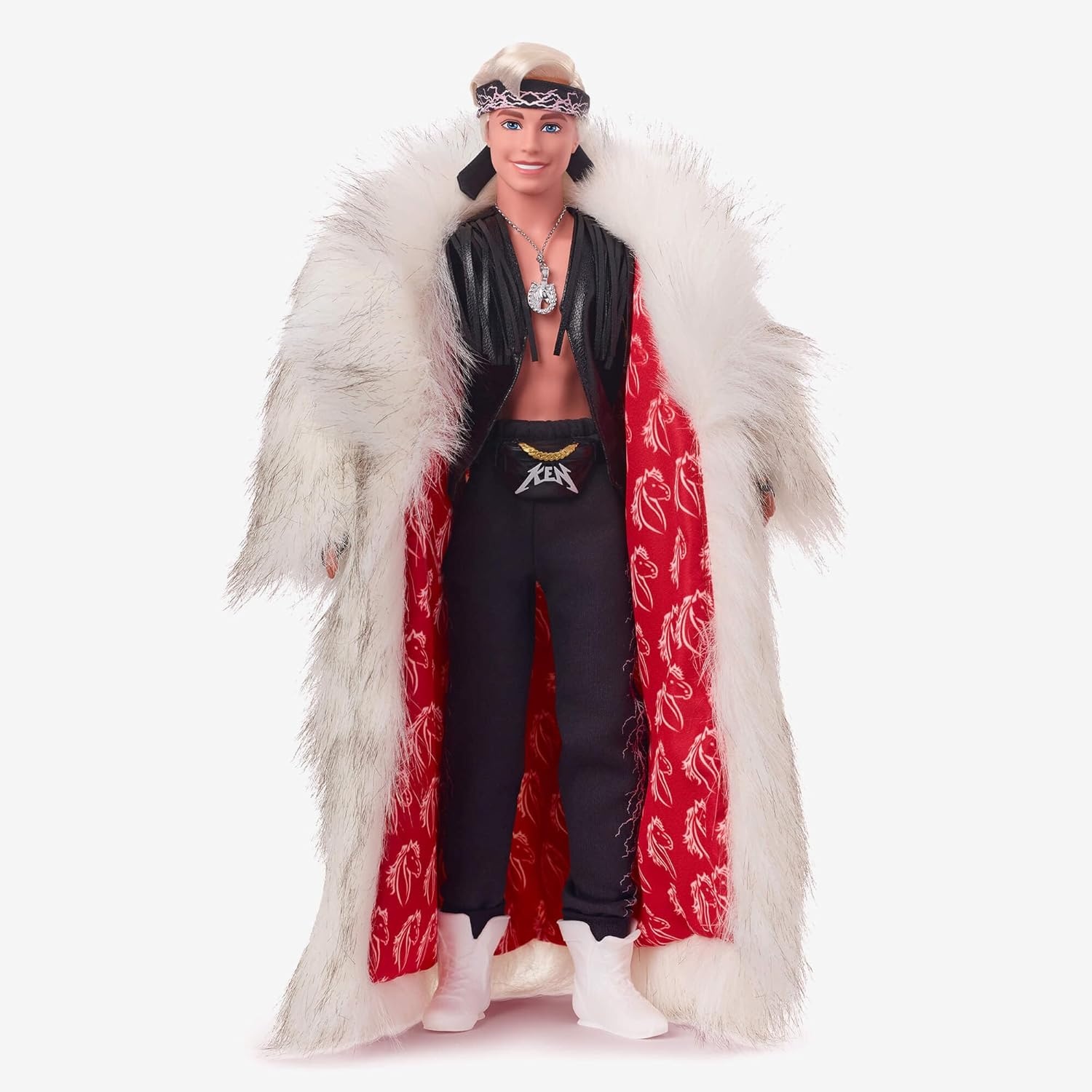 imageBarbie The Movie Collectible Ken Doll Wearing Big Faux Fur Coat and Black Fringe Vest with Bandana