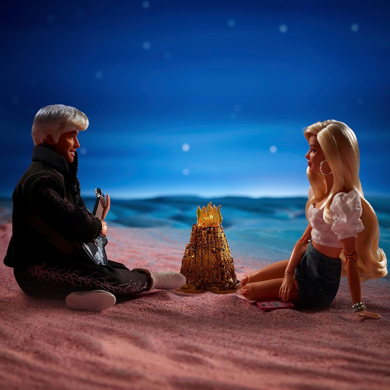 imageBarbie The Movie Ken Collectible Dolls 4 Hours Later Campfire Scene from Movie Wearing Beach Fashions