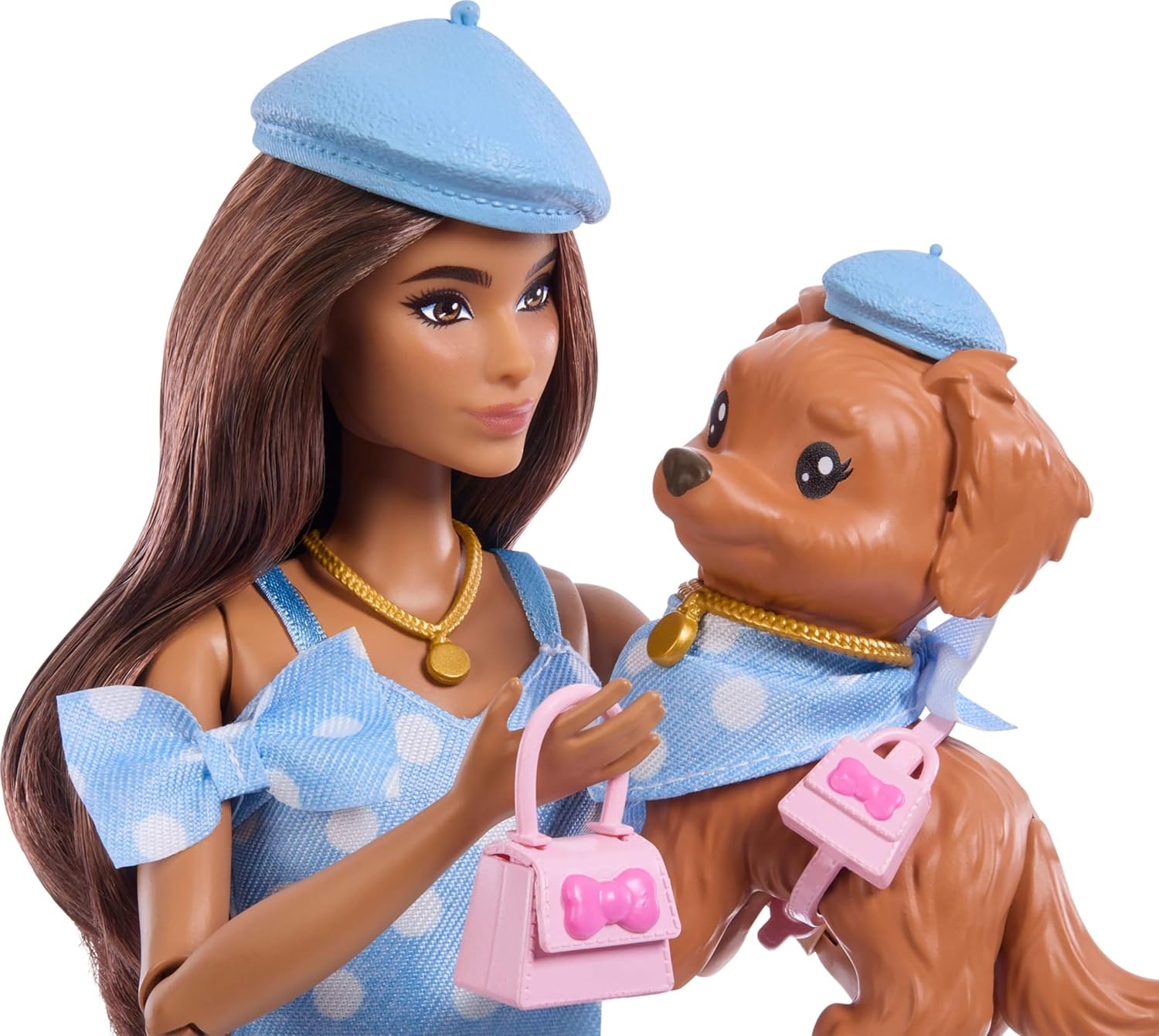 imageBarbie Twinning Looks Doll with Pet Dog in Matching Blue Polka Dot Clothes and Accessories for Both Like Berets and Purses Brown Hair