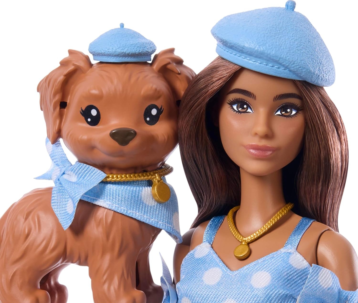 imageBarbie Twinning Looks Doll with Pet Dog in Matching Blue Polka Dot Clothes and Accessories for Both Like Berets and Purses Brown Hair