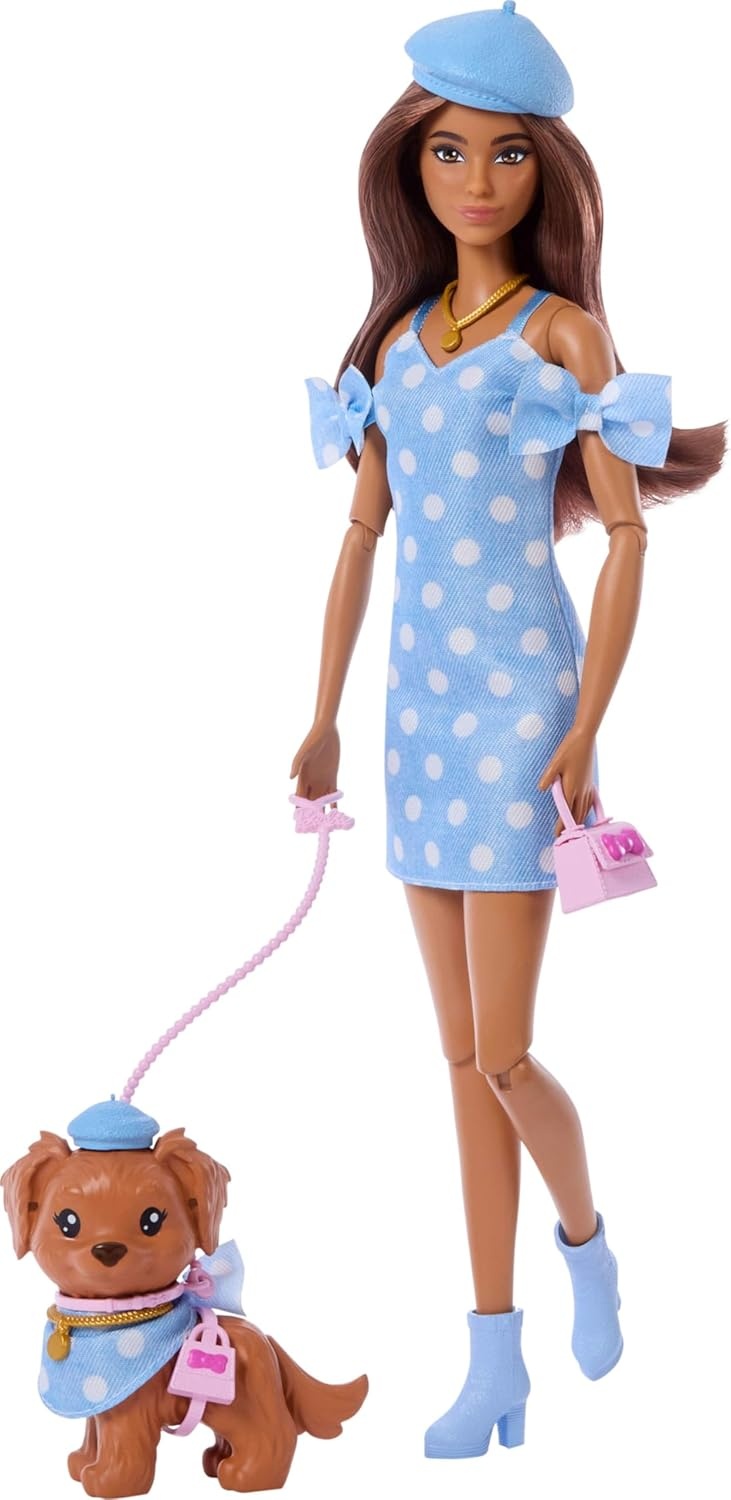 imageBarbie Twinning Looks Doll with Pet Dog in Matching Blue Polka Dot Clothes and Accessories for Both Like Berets and Purses Brown Hair