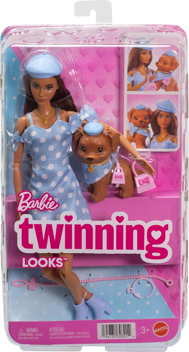 imageBarbie Twinning Looks Doll with Pet Dog in Matching Blue Polka Dot Clothes and Accessories for Both Like Berets and Purses Brown Hair