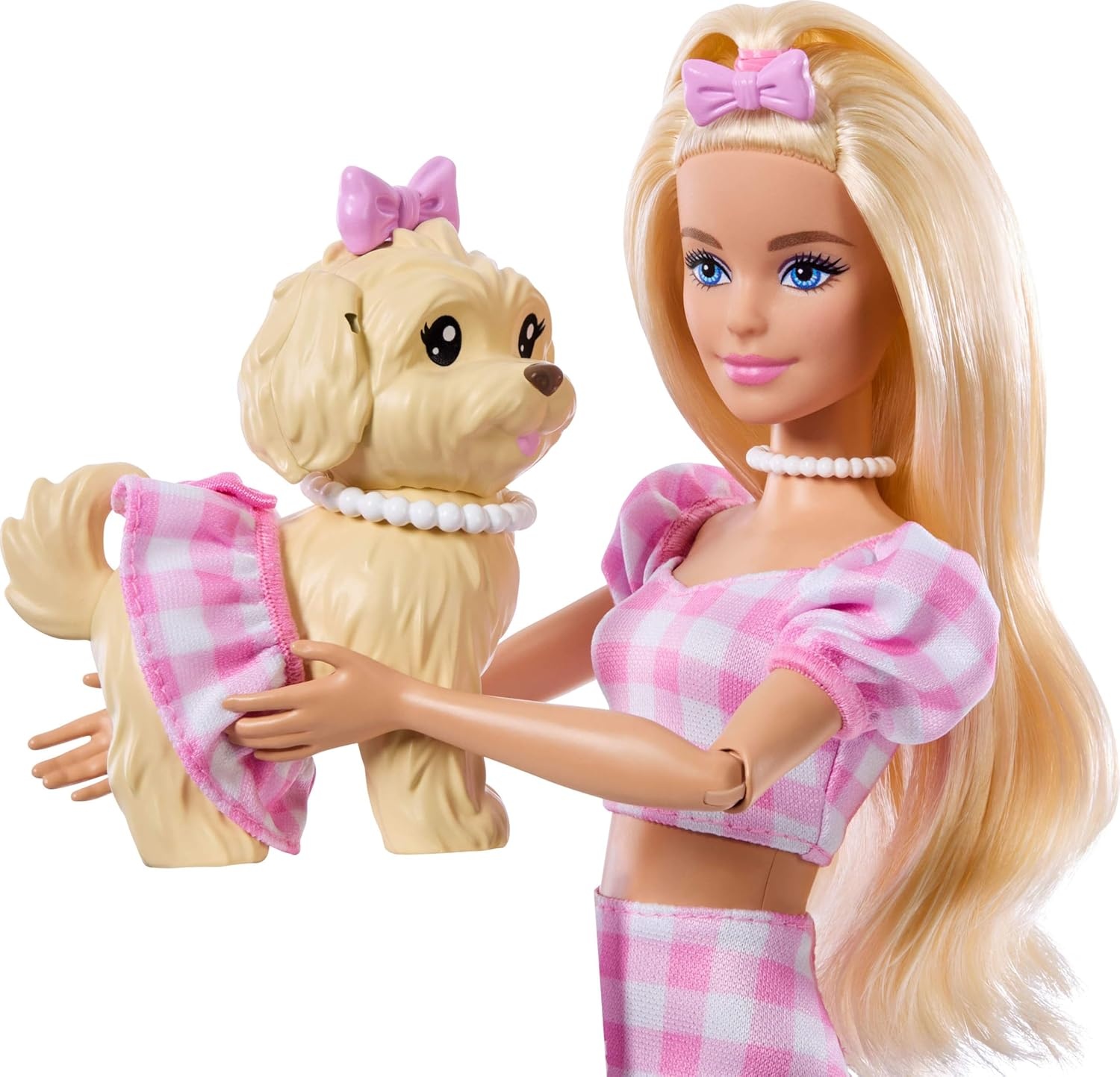 imageBarbie Twinning Looks Doll with Pet Dog in Matching Pink Gingham Clothes and Accessories for Both Like Sunglasses Necklaces and Bows BlondeMulticolor