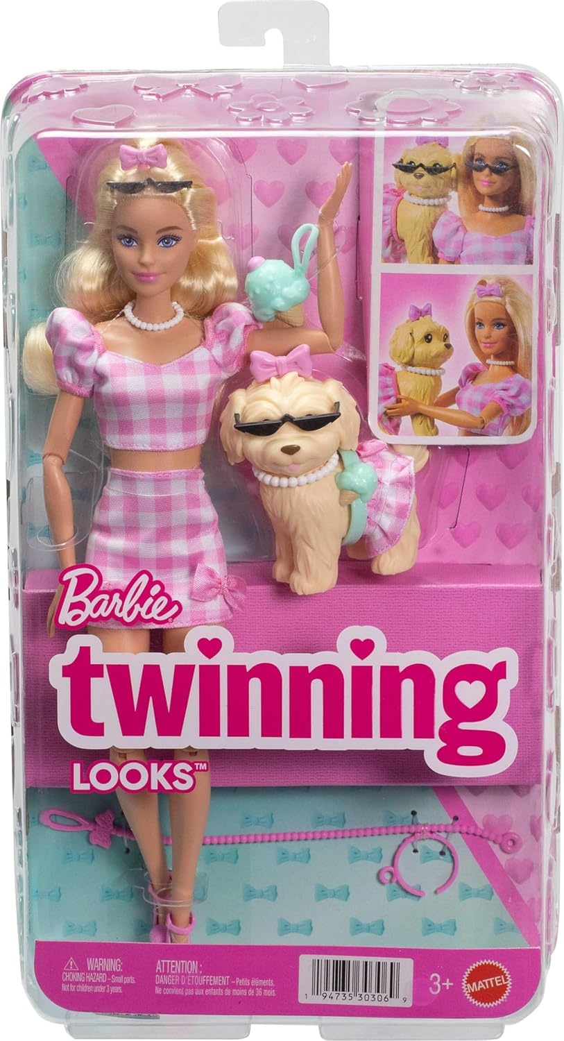 imageBarbie Twinning Looks Doll with Pet Dog in Matching Pink Gingham Clothes and Accessories for Both Like Sunglasses Necklaces and Bows BlondeMulticolor