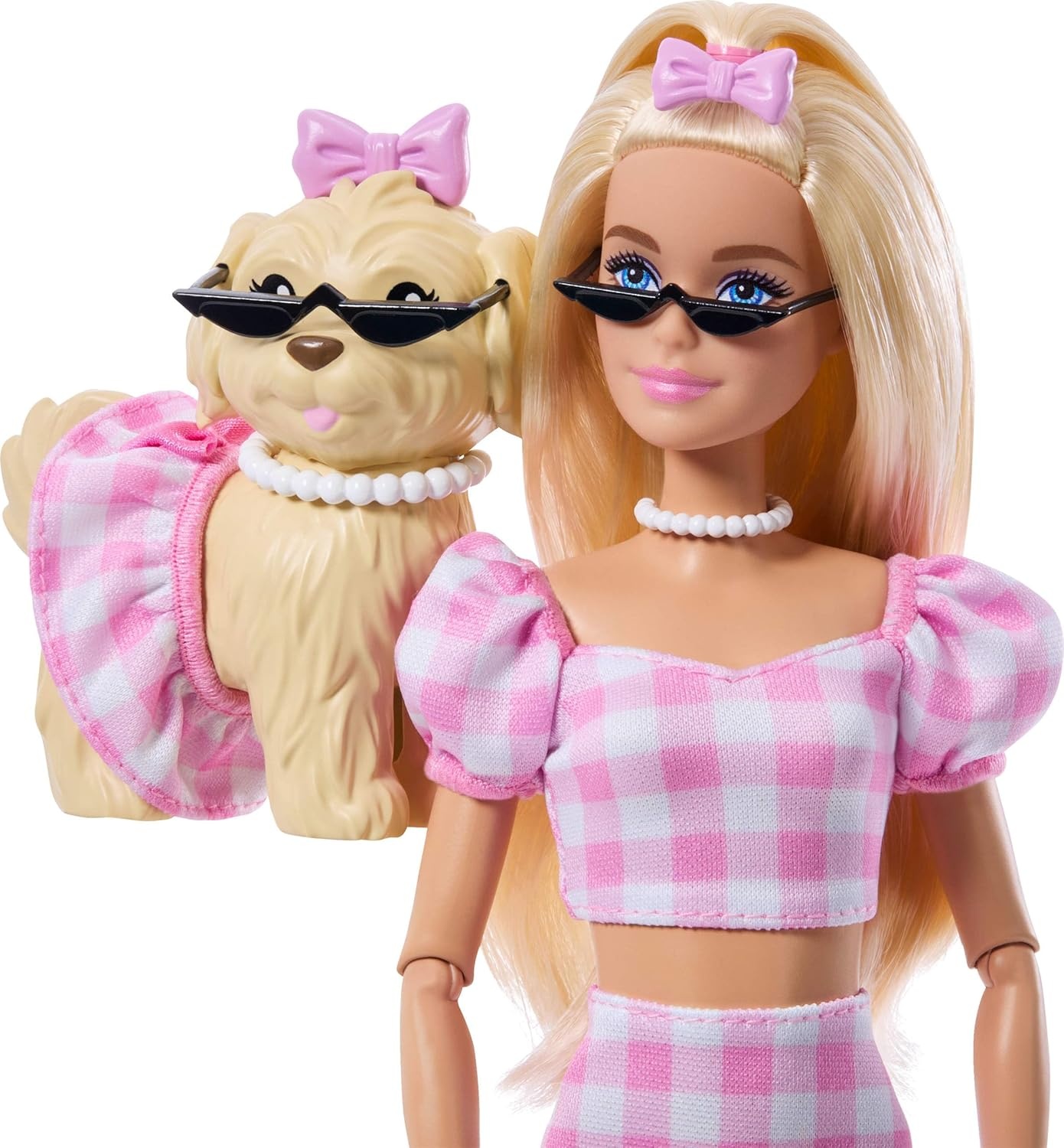 imageBarbie Twinning Looks Doll with Pet Dog in Matching Pink Gingham Clothes and Accessories for Both Like Sunglasses Necklaces and Bows BlondeMulticolor