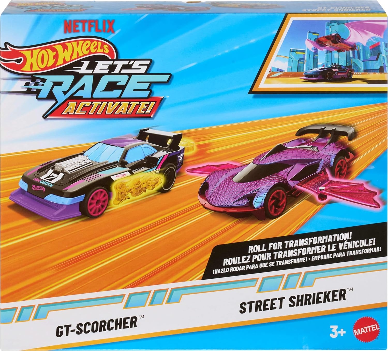 image:imageHot Wheels Lets Race Activate Toy Car 2Pack GTScorcher amp Street Shrieker Roll to Transform or Reveal Surprise Feature Like in the Netflix Series