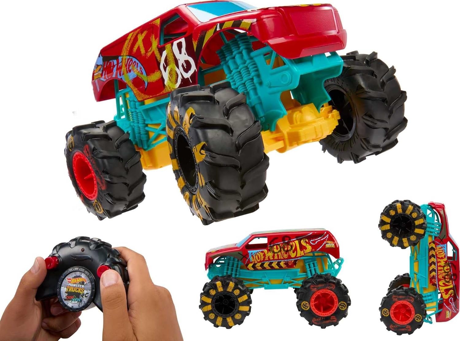 image:imageHot Wheels Monster Trucks RC Toy RemoteControl Transforming Rhinomite in 112 Scale amp 164 Scale Race Ace Converts into Launcher Connects to TrackDemo Derby