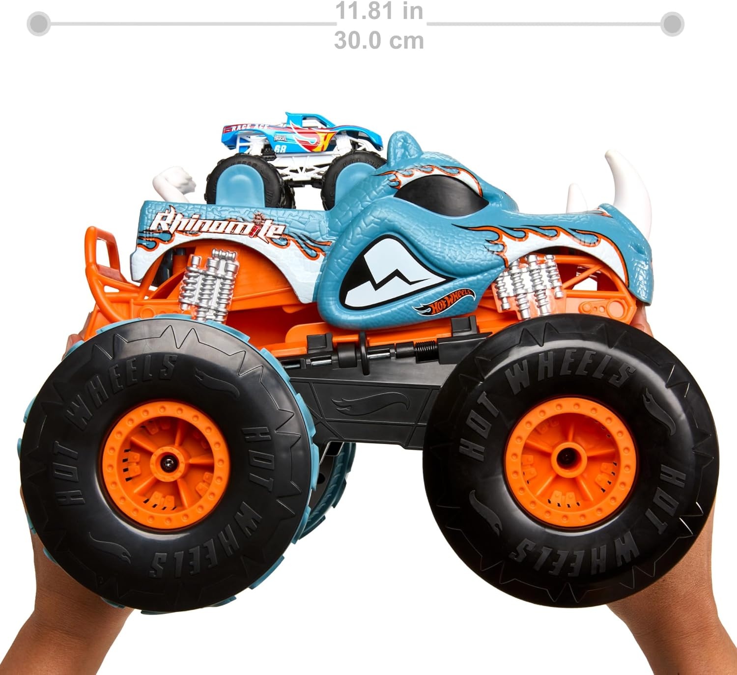 image:imageHot Wheels Monster Trucks RC Toy RemoteControl Transforming Rhinomite in 112 Scale amp 164 Scale Race Ace Converts into Launcher Connects to TrackRhinomite