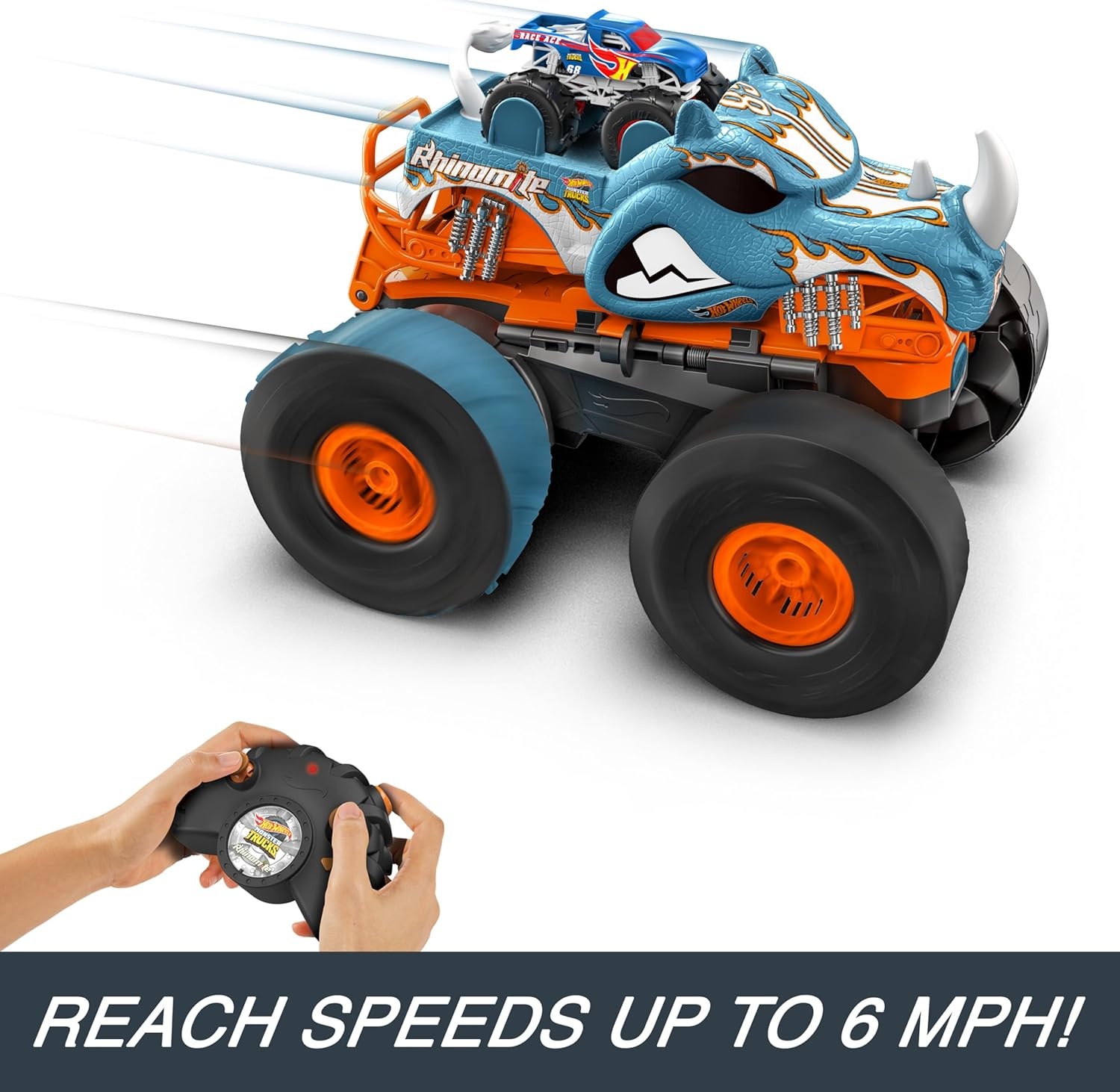 image:imageHot Wheels Monster Trucks RC Toy RemoteControl Transforming Rhinomite in 112 Scale amp 164 Scale Race Ace Converts into Launcher Connects to TrackRhinomite