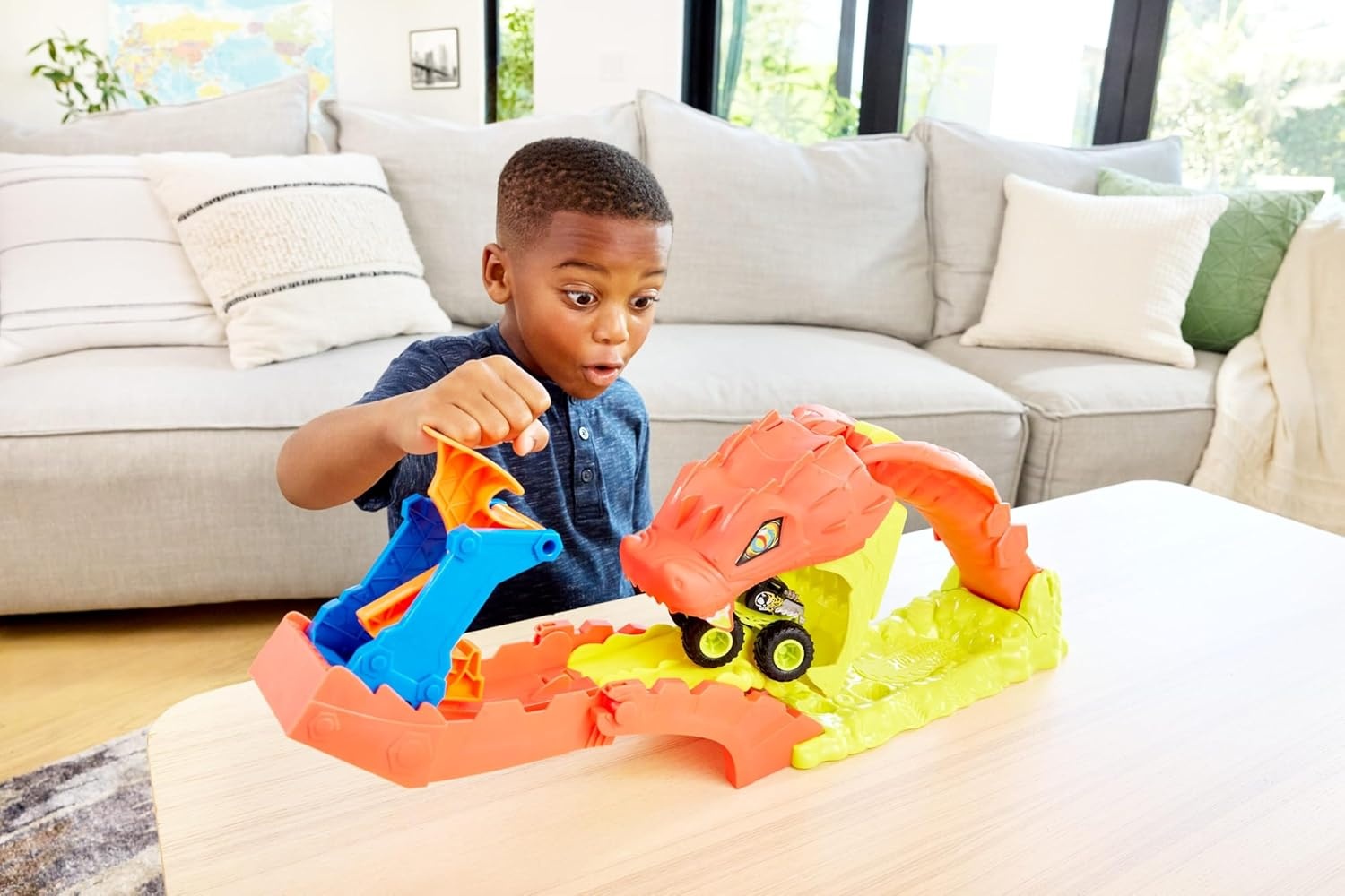 image:imageHot Wheels Monster Trucks Toy Playset Snake Slam Takedown Track Set with Exclusive 164 Scale Bone Shaker Toy Vehicle Includes Track