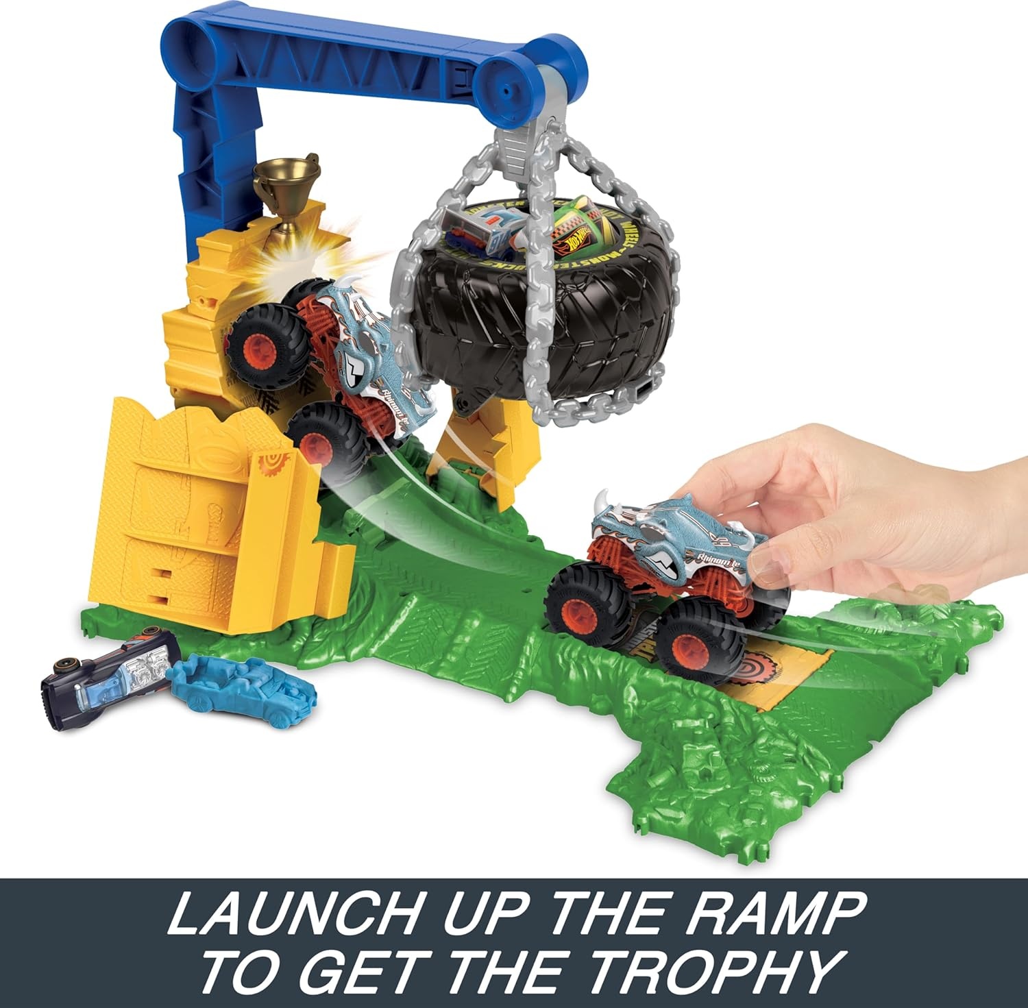 image:imageHot Wheels Monster Trucks Toy Truck amp Playset Rhinomite Chargin Challenge Playset with a 164 Scale Vehicle amp 2 Crushed Cars