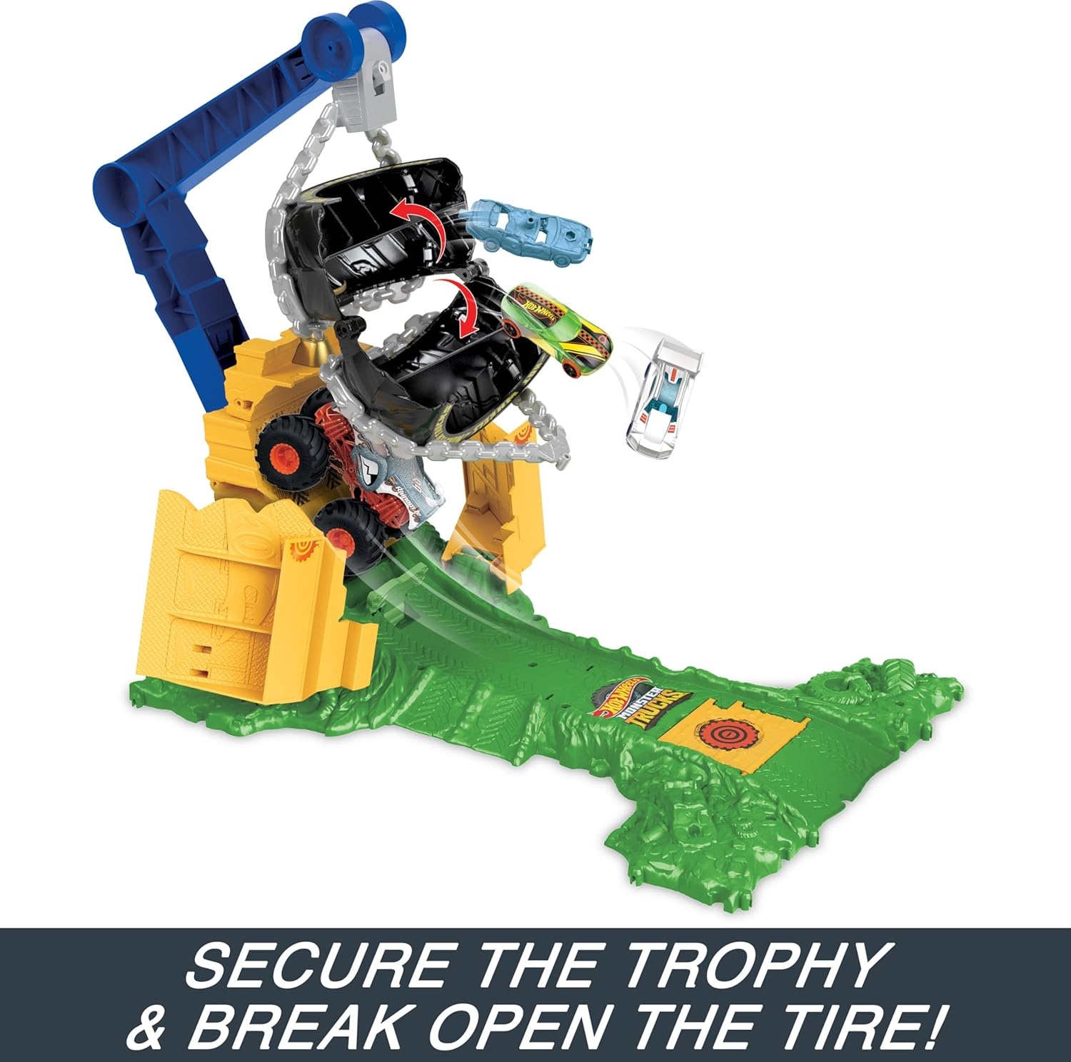 image:imageHot Wheels Monster Trucks Toy Truck amp Playset Rhinomite Chargin Challenge Playset with a 164 Scale Vehicle amp 2 Crushed Cars