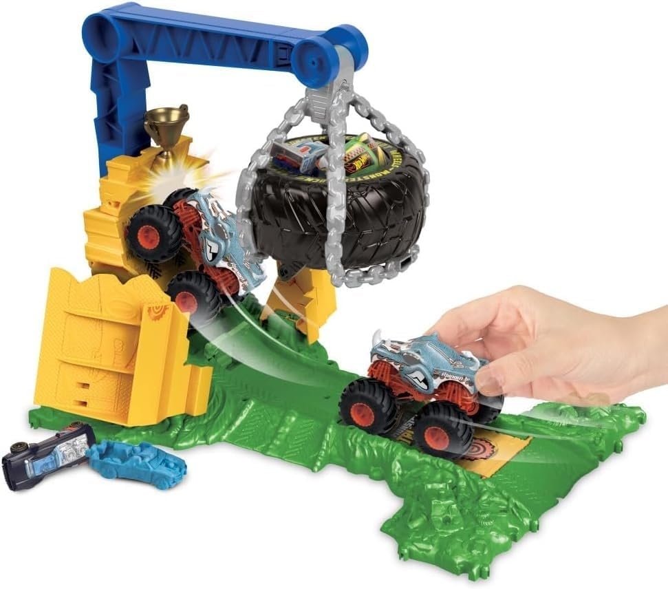image:imageHot Wheels Monster Trucks Toy Truck amp Playset Rhinomite Chargin Challenge Playset with a 164 Scale Vehicle amp 2 Crushed Cars
