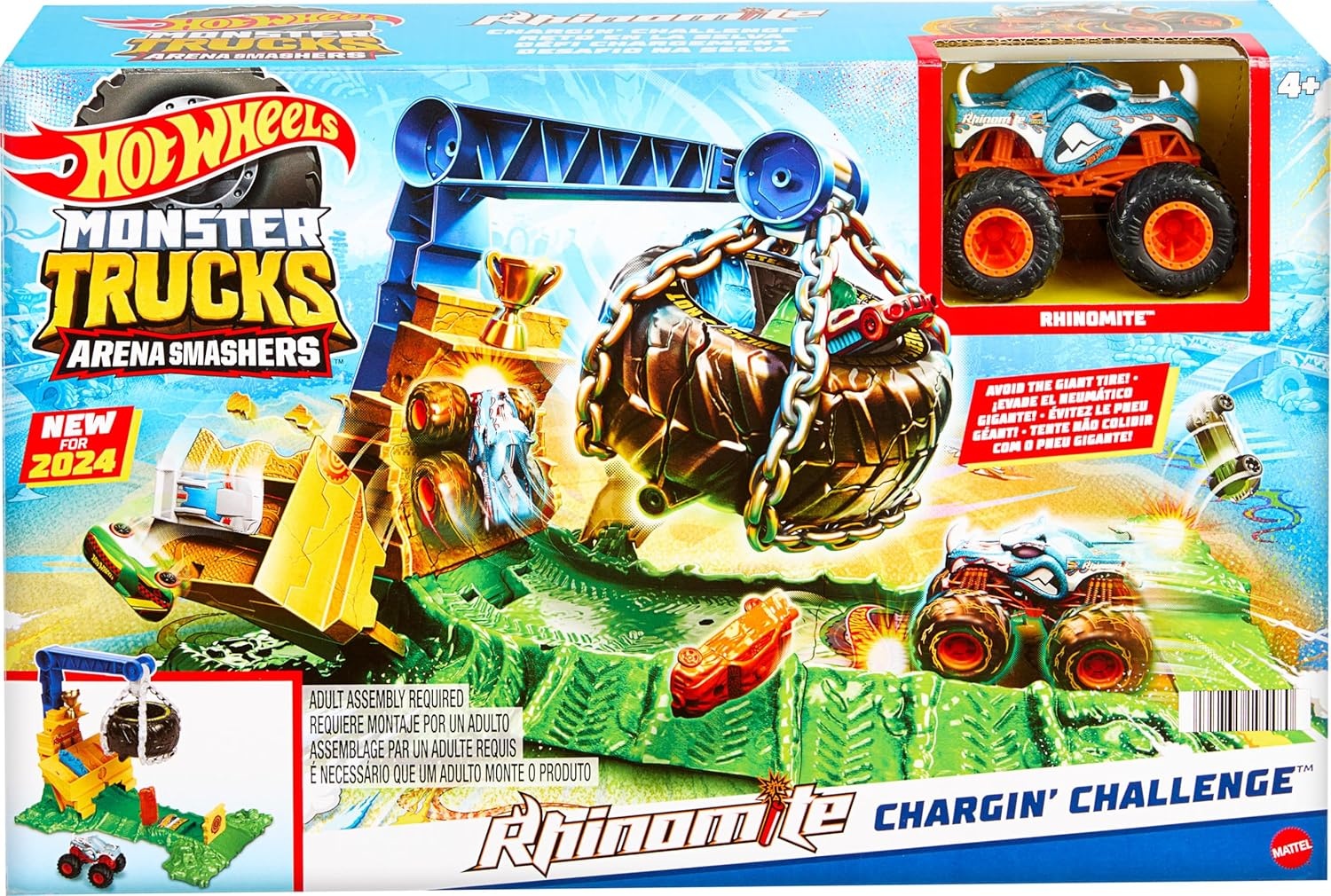 image:imageHot Wheels Monster Trucks Toy Truck amp Playset Rhinomite Chargin Challenge Playset with a 164 Scale Vehicle amp 2 Crushed Cars