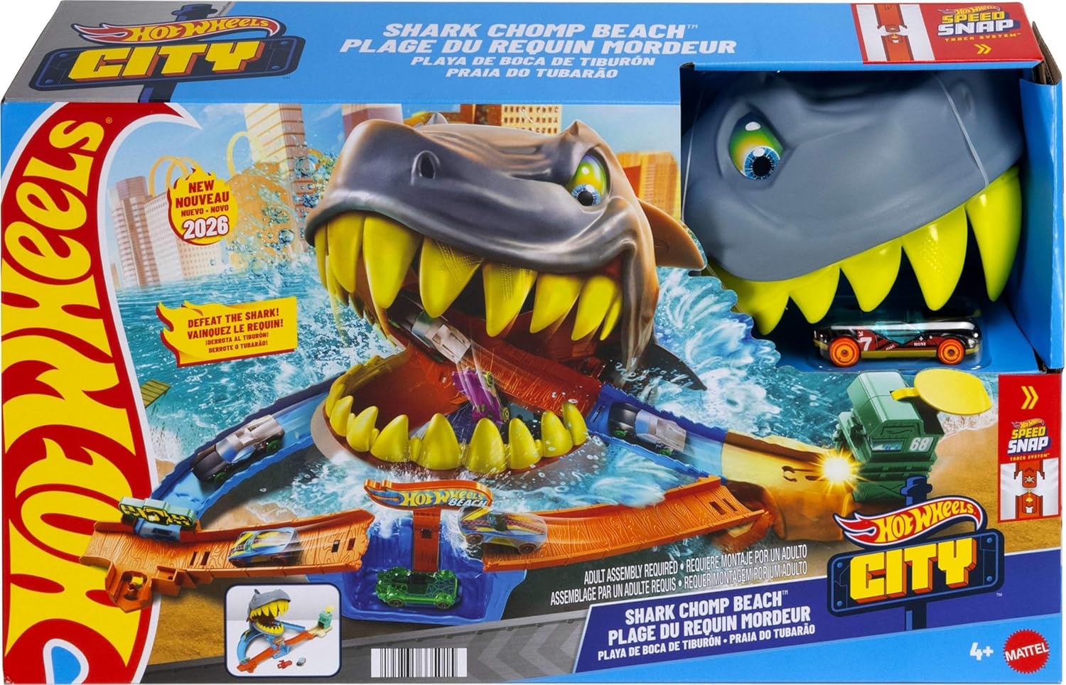 image:imageHot Wheels Toy Car Track Set City Shark Chomp Beach Playset with 164 Scale DieCast Vehicle 2 Ways to Play Knock Out the Shark or Get Eaten