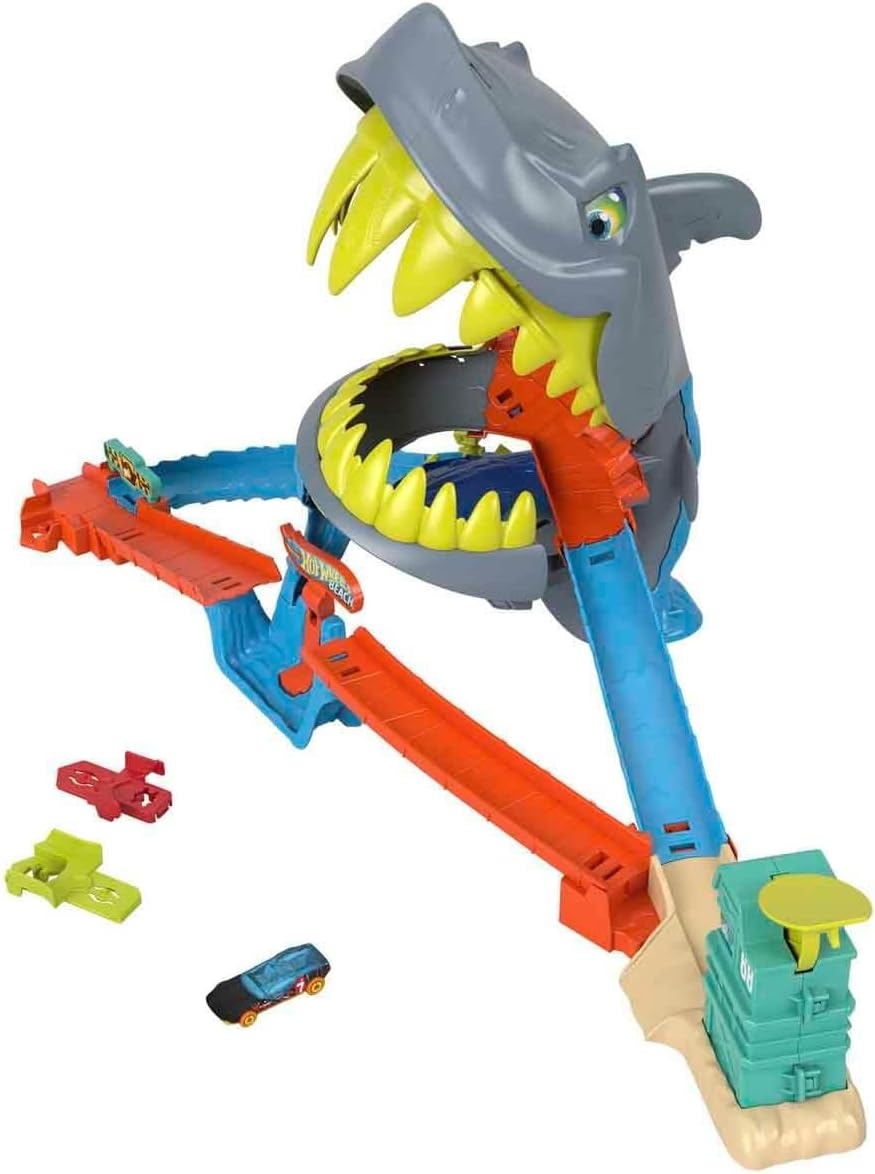 image:imageHot Wheels Toy Car Track Set City Shark Chomp Beach Playset with 164 Scale DieCast Vehicle 2 Ways to Play Knock Out the Shark or Get Eaten