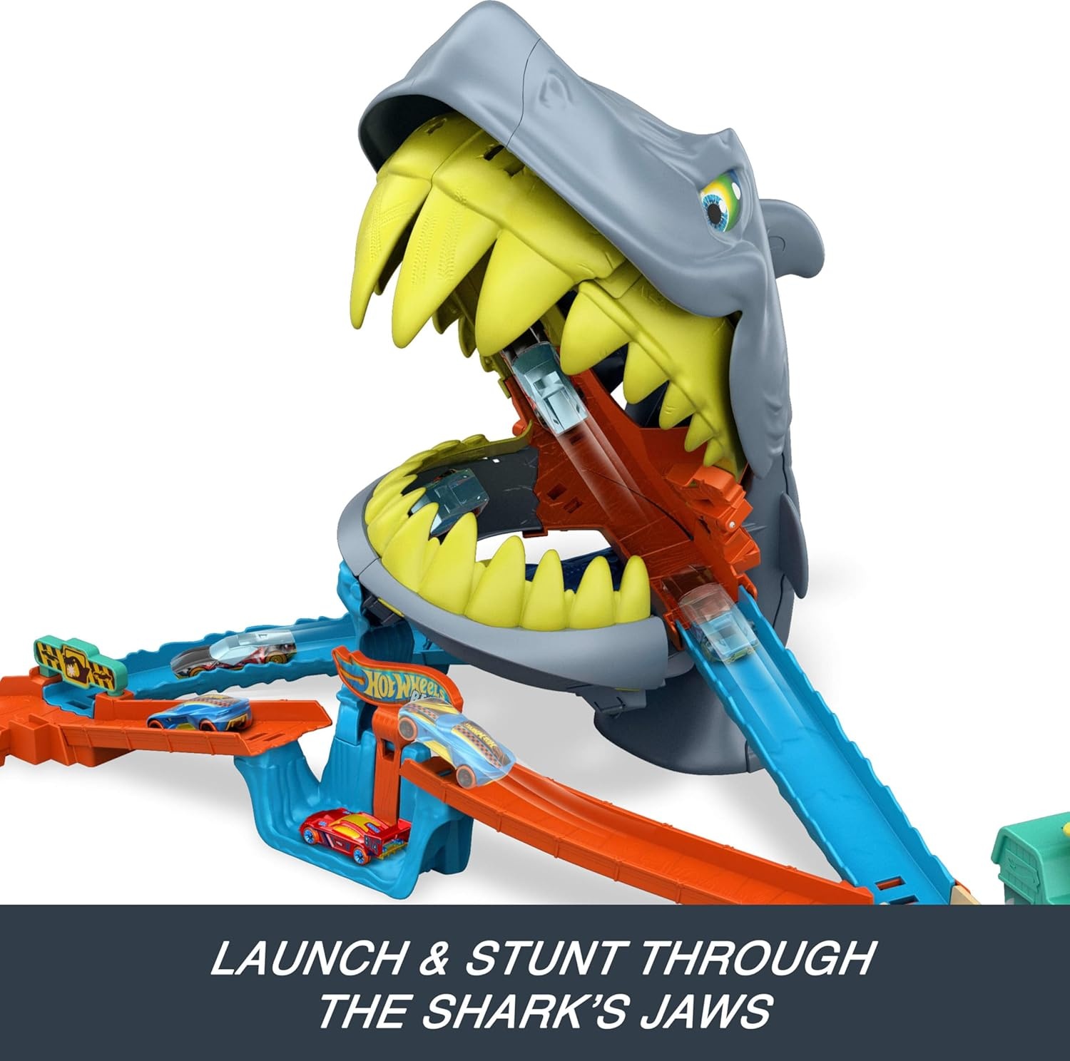 image:imageHot Wheels Toy Car Track Set City Shark Chomp Beach Playset with 164 Scale DieCast Vehicle 2 Ways to Play Knock Out the Shark or Get Eaten