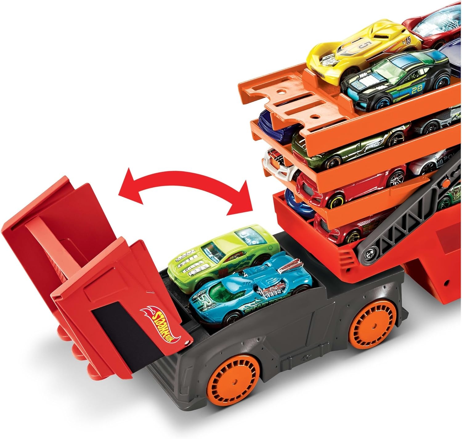 image:imageHot Wheels Toy Car Track Set Mega Hauler with 6 Expandable Levels Storage for Up to 50 164 Scale Vehicles Connects to Other Sets amp Tracks