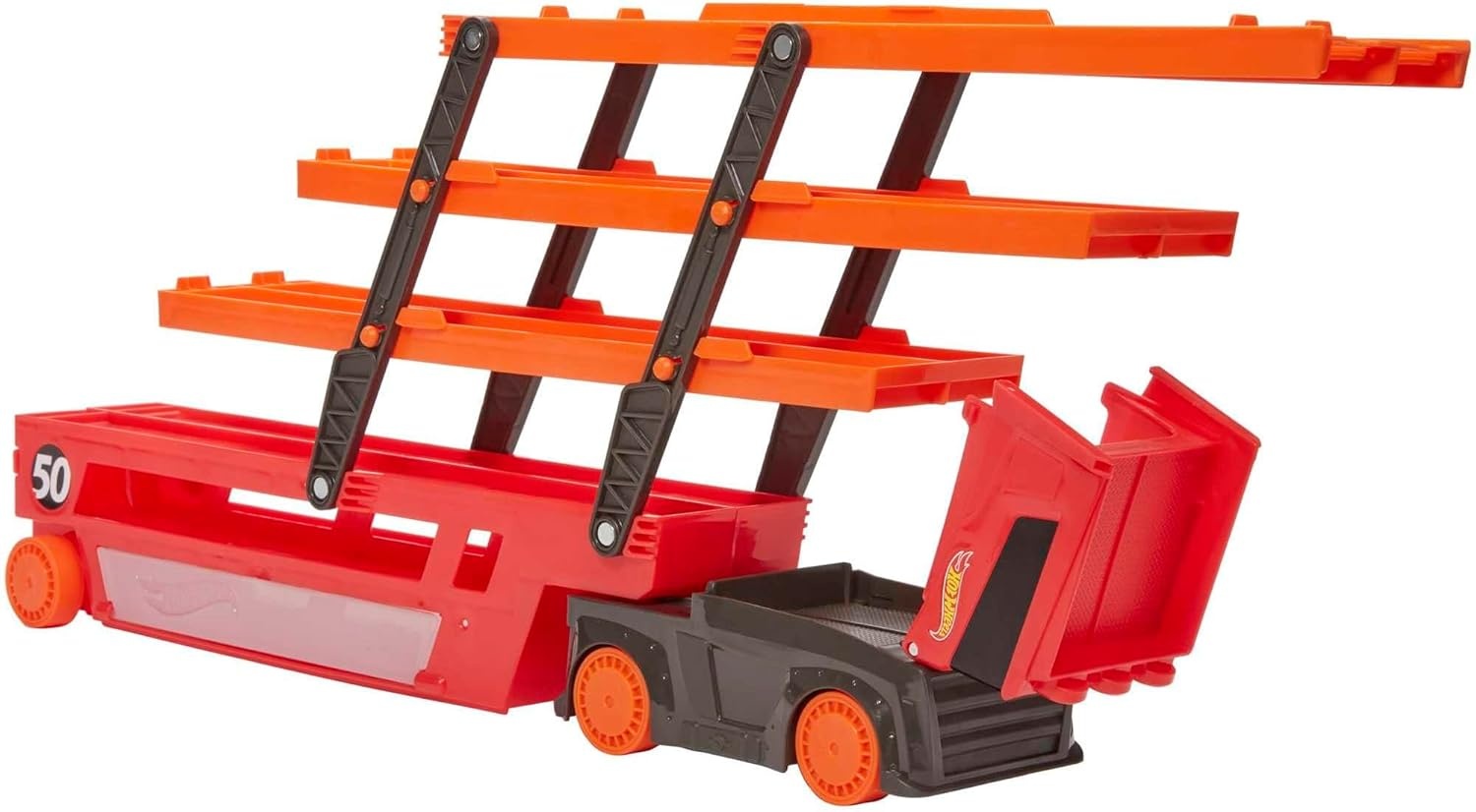 image:imageHot Wheels Toy Car Track Set Mega Hauler with 6 Expandable Levels Storage for Up to 50 164 Scale Vehicles Connects to Other Sets amp Tracks