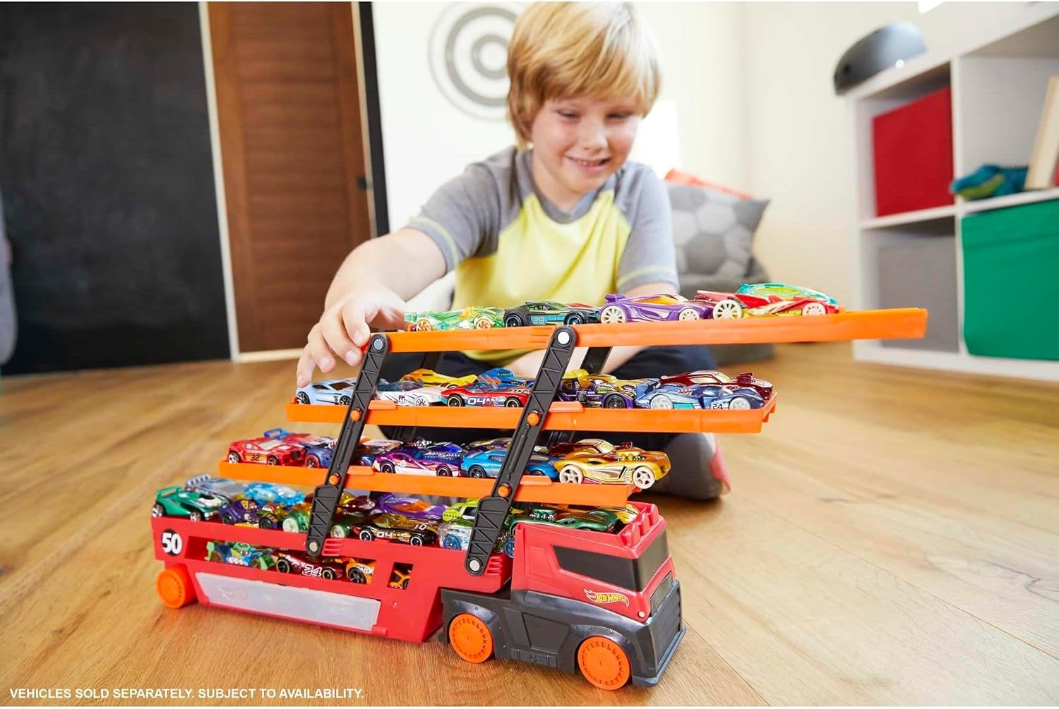 image:imageHot Wheels Toy Car Track Set Mega Hauler with 6 Expandable Levels Storage for Up to 50 164 Scale Vehicles Connects to Other Sets amp Tracks