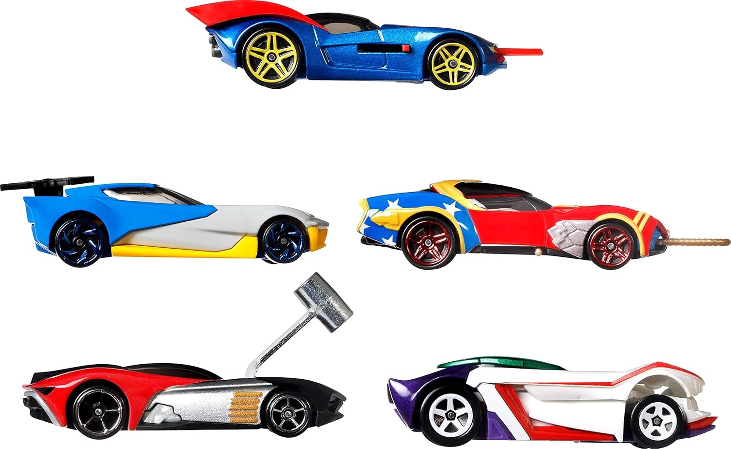 image:imageHot Wheels Toy Cars 5Pack Set of 5 DC Character Cars in 164 Scale Superman Batman Wonder Woman The Joker GT amp Harley Quinn