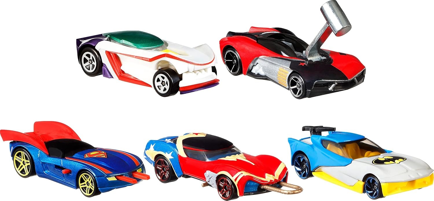 image:imageHot Wheels Toy Cars 5Pack Set of 5 DC Character Cars in 164 Scale Superman Batman Wonder Woman The Joker GT amp Harley Quinn