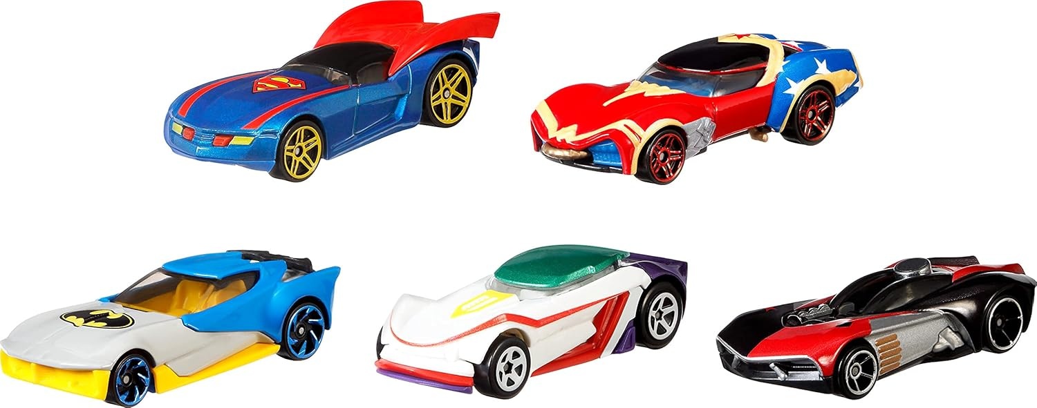 image:imageHot Wheels Toy Cars 5Pack Set of 5 DC Character Cars in 164 Scale Superman Batman Wonder Woman The Joker GT amp Harley Quinn