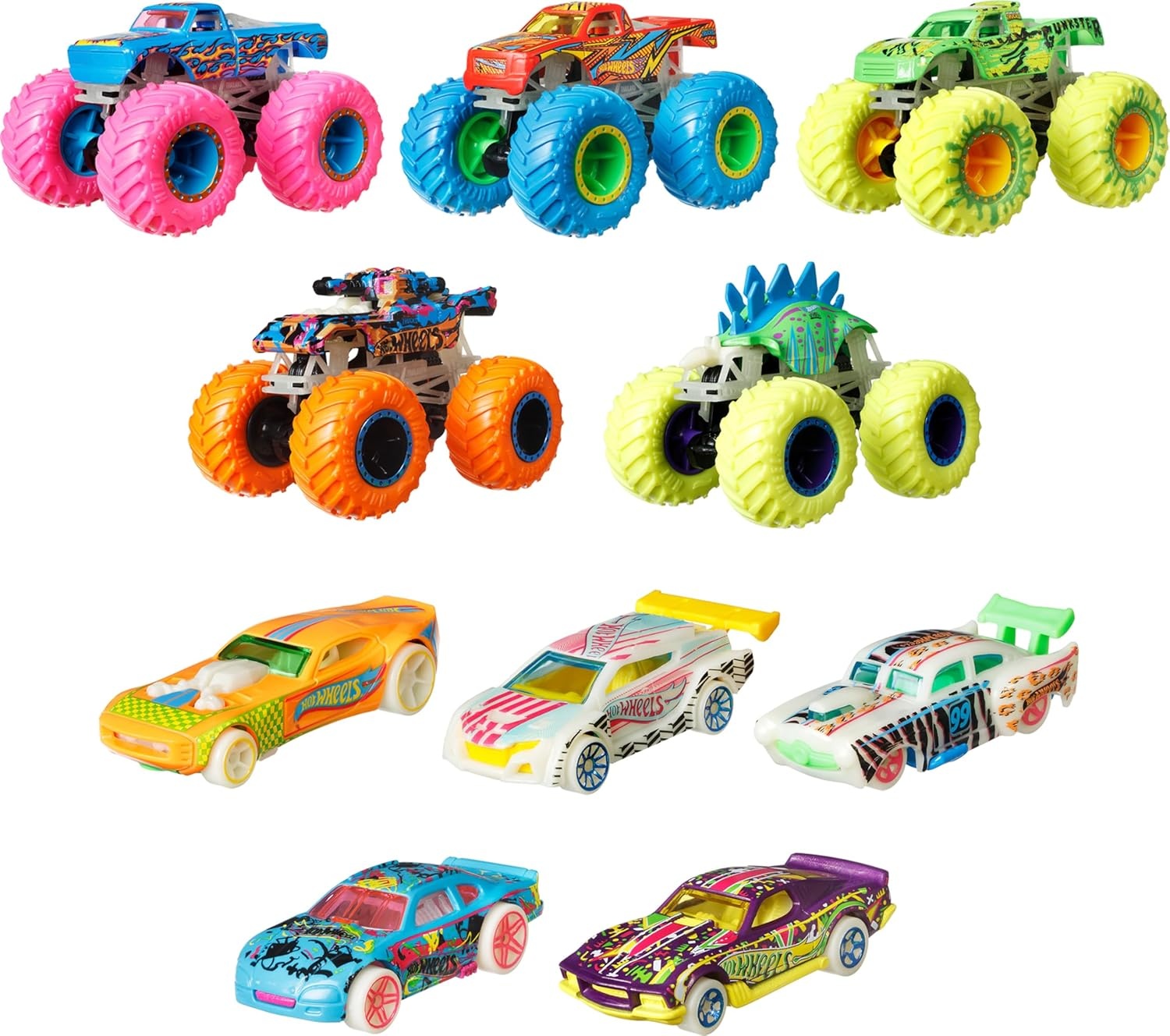 image:imageHot Wheels Toy Monster Trucks 10Pack of GlowintheDark 164 Scale Vehicles GITD Set of 5 Trucks amp 5 Cars Play Vehicles for Kids amp Collectors