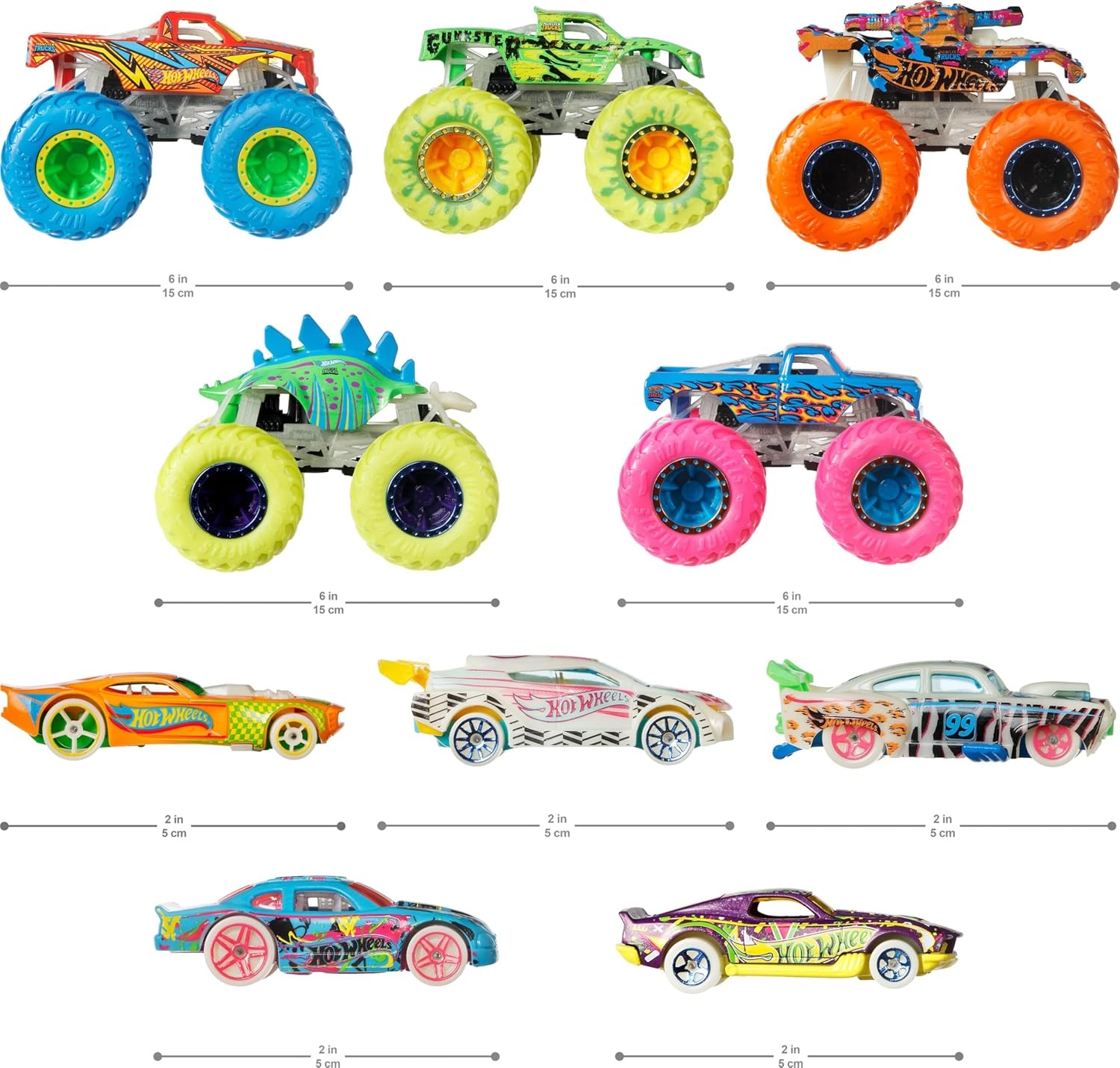 image:imageHot Wheels Toy Monster Trucks 10Pack of GlowintheDark 164 Scale Vehicles GITD Set of 5 Trucks amp 5 Cars Play Vehicles for Kids amp Collectors
