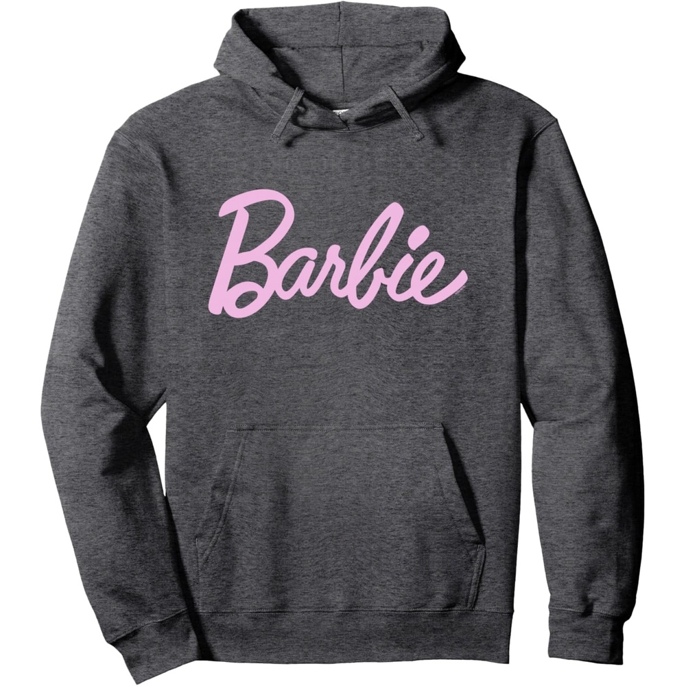 imageBarbie Classic Script Light Pink Logo Pullover HoodieDark Heather Grey