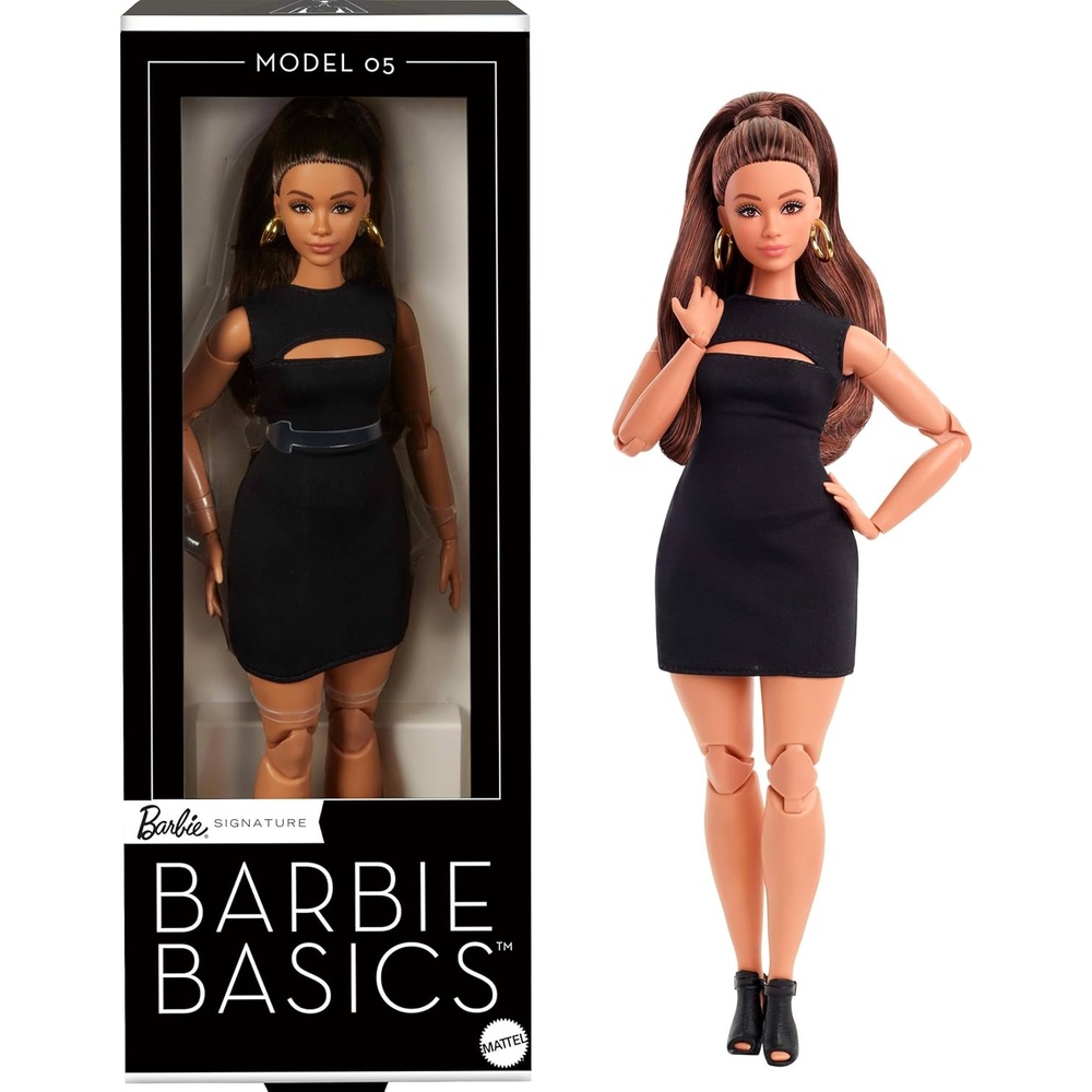 imageBarbie Basics Model 05 Collector Doll with Brunette Hair Black Mini Dress amp Heels Universalfit Fashions Posable Curvy Body amp Swappable Doll Head