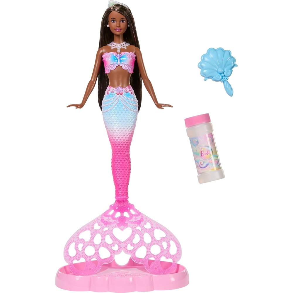 imageBarbie Bubble Sparkle Mermaid Doll with BubbleMaking Feature amp Solution Tray amp Hairbrush Plus Long ColorStreaked Brunette Hair